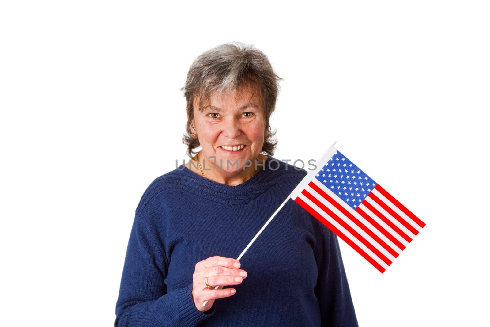 Senior woman with American national flag - isolated on white background