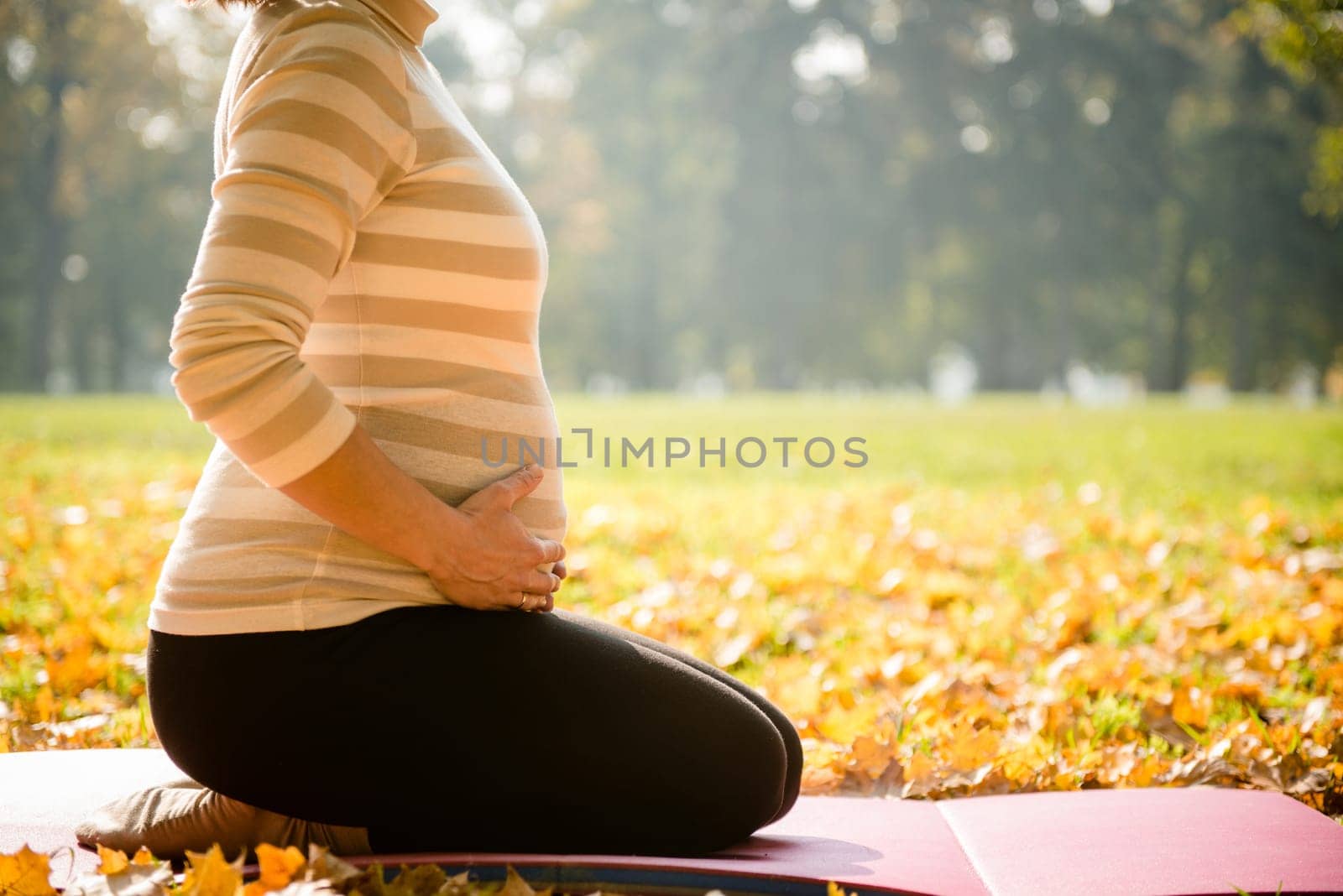 Detail of pregnant woman holding belly outdoor in nature