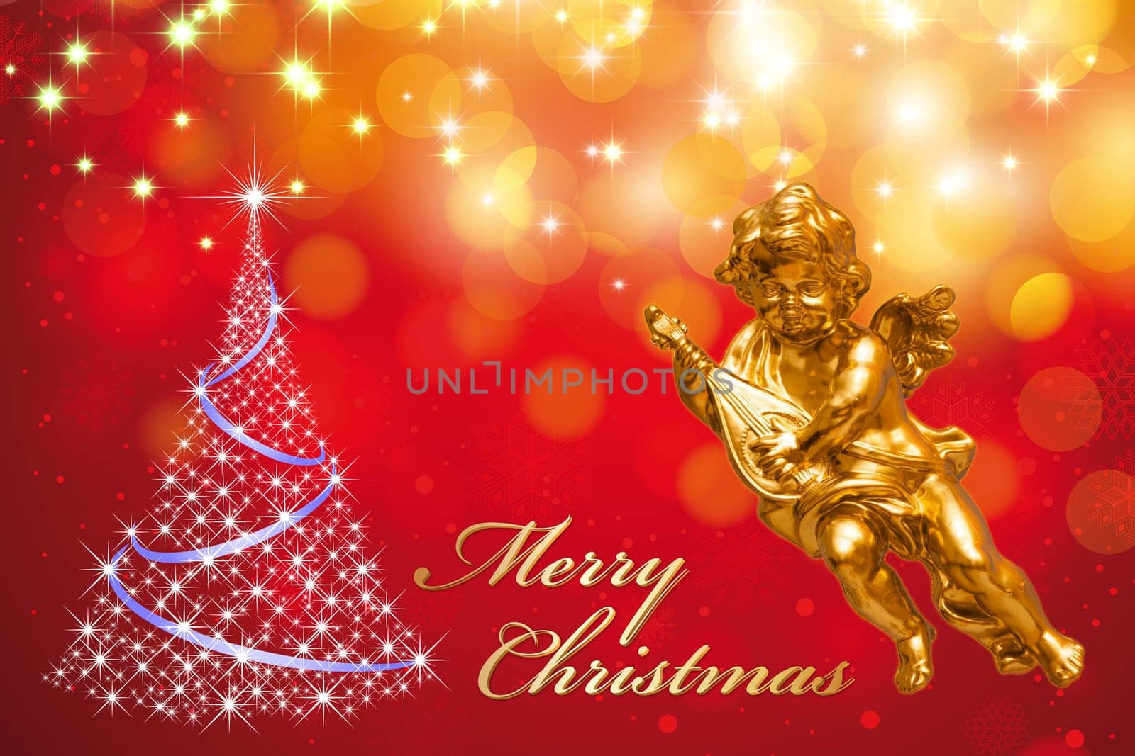 Christmas card with angel and Christmas tree