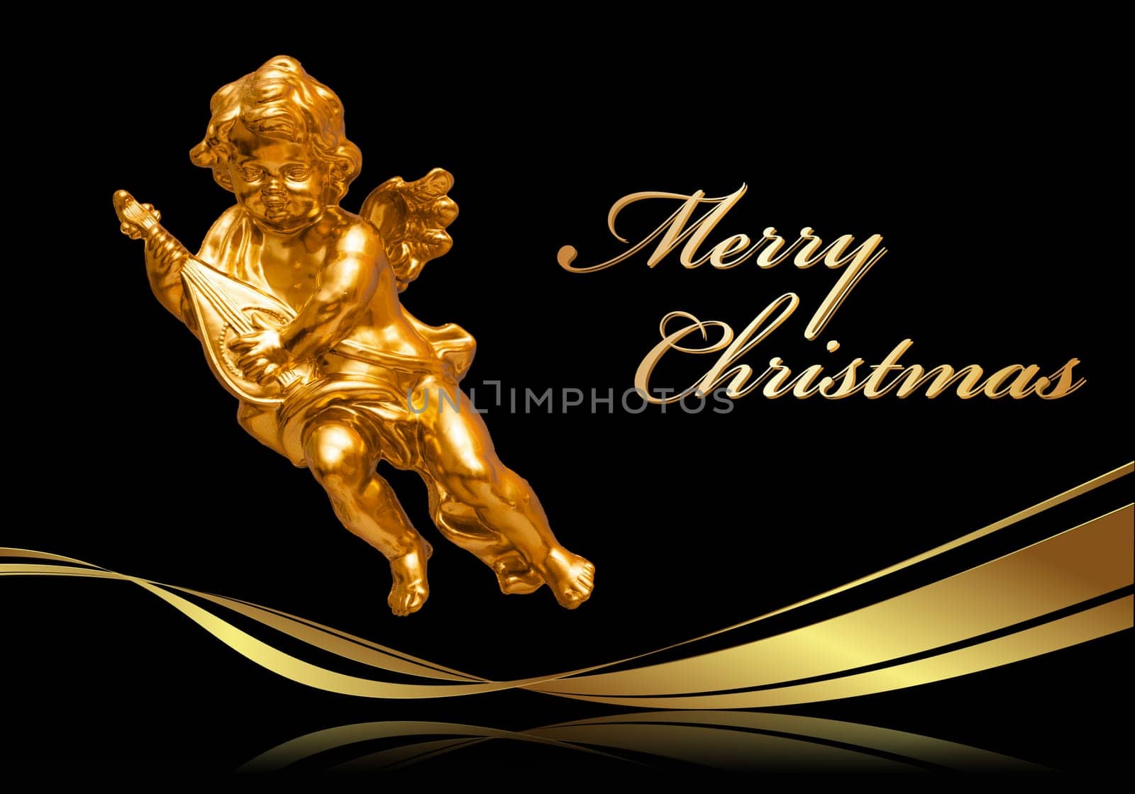 Christmas greeting card in black with golden angel and golden curved bow