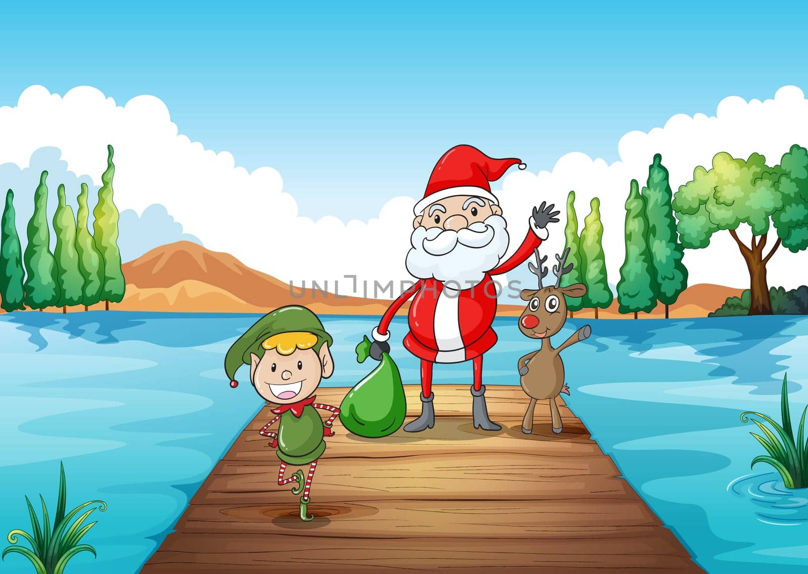 illustration of a  boy, a santa claus and a reindeer in a beautiful dessert