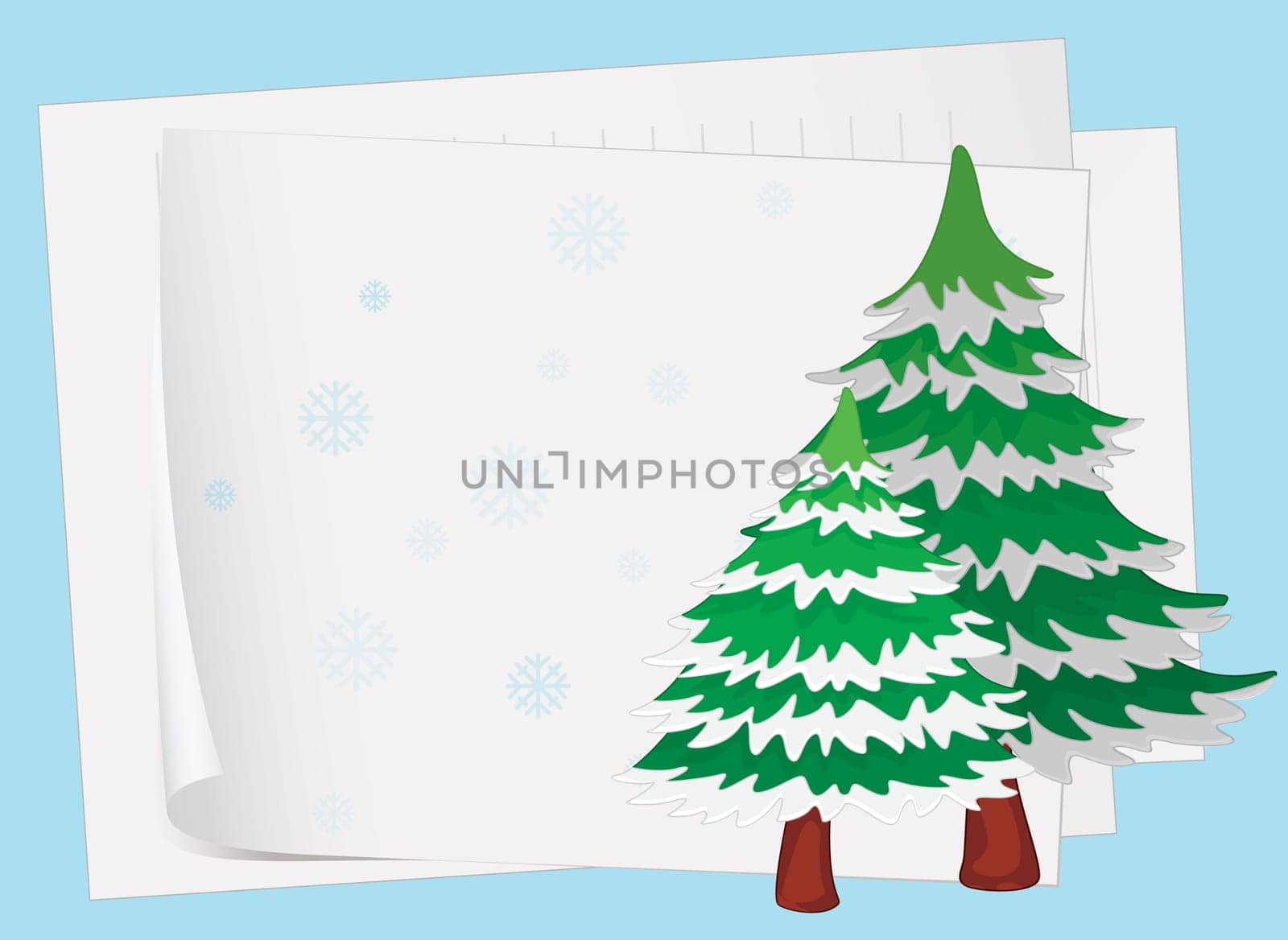 illustration of paper sheets and a christmas tree on a color background