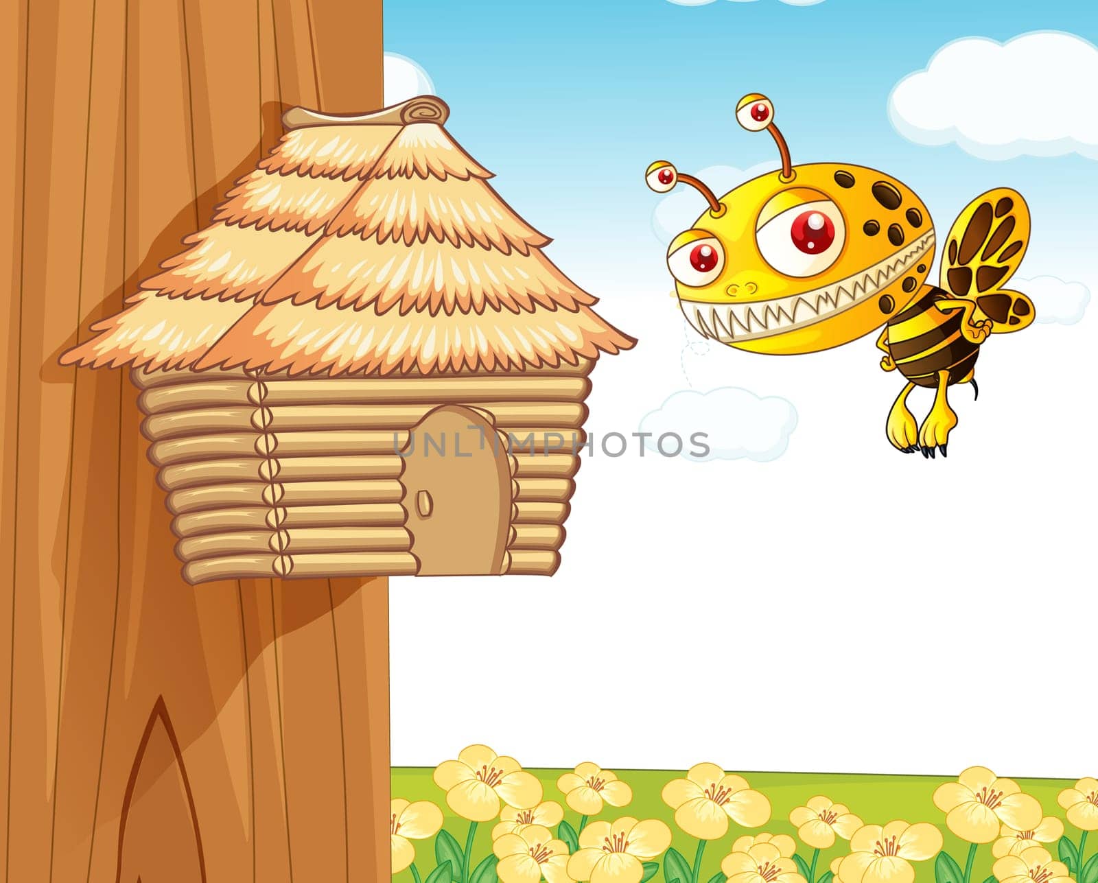 illustration of a honey bee and a wooden house in nature