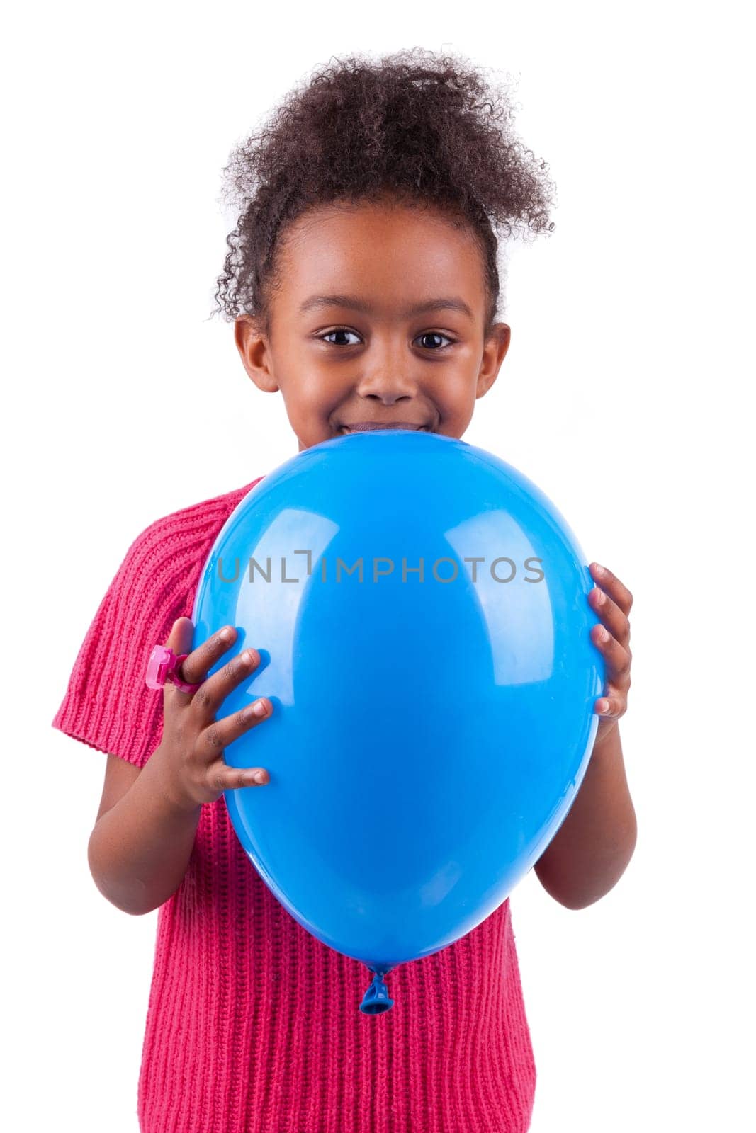 Portrait of a cute young African American girl holding a blue balloon,isolated on white background
