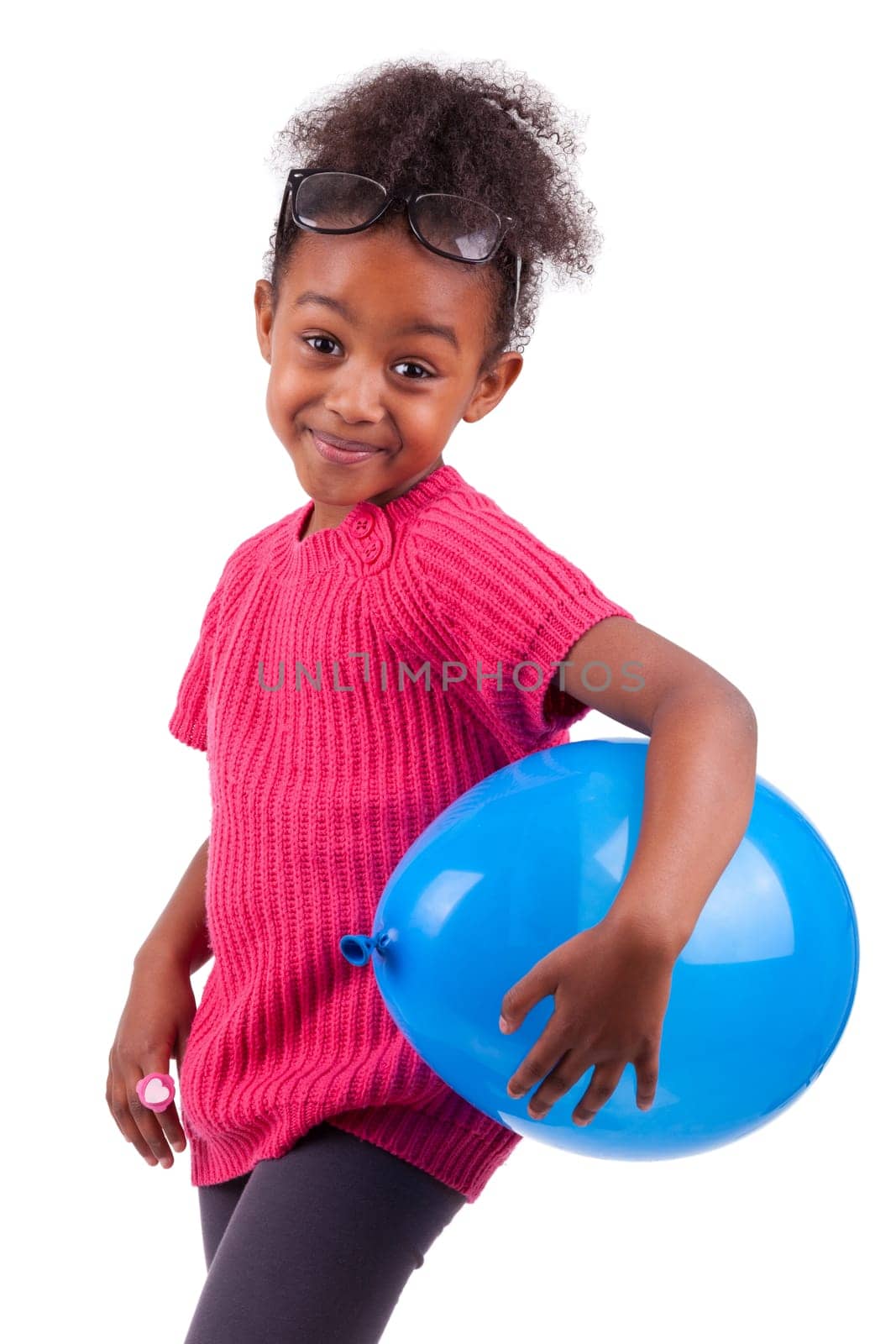 Portrait of a cute young African American girl holding a blue balloon,isolated on white background