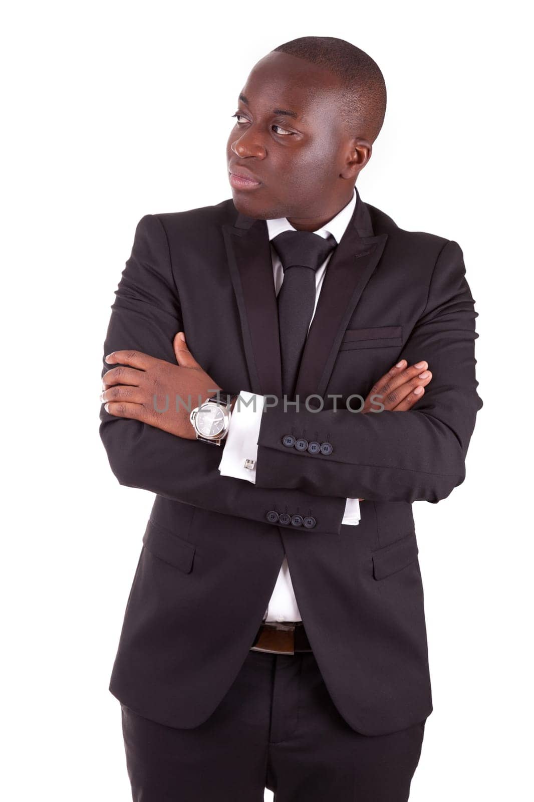 Young african business man with folded arms,isolated on white background