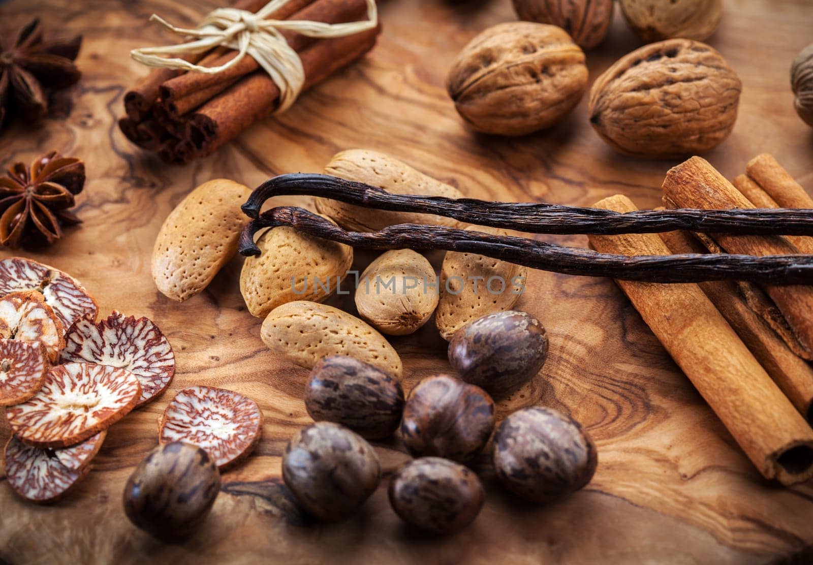 Assortment of spices and nuts for Christmas for baking cookies