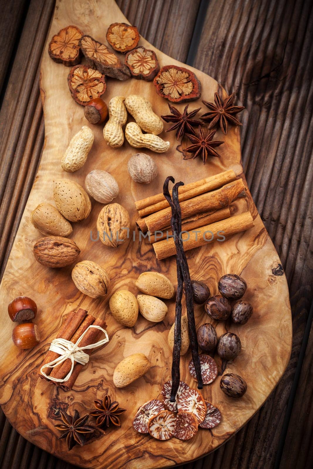 Assortment of spices and nuts for Christmas for baking cookies