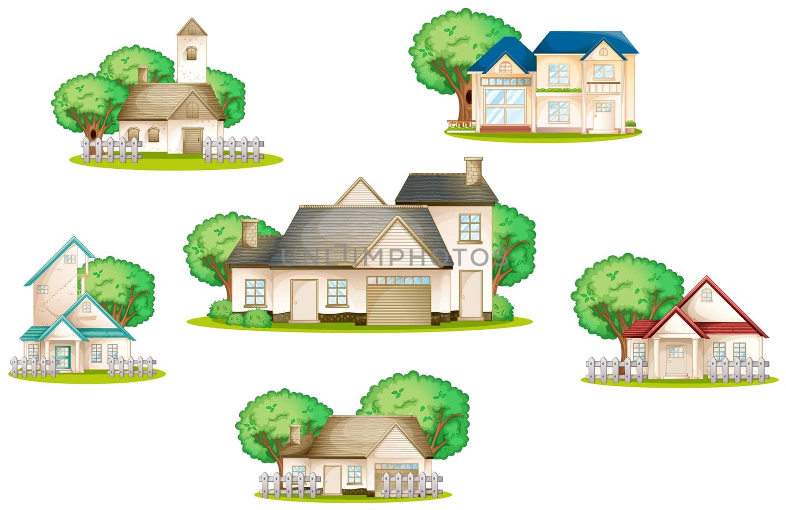 illustration of various houses on a white background