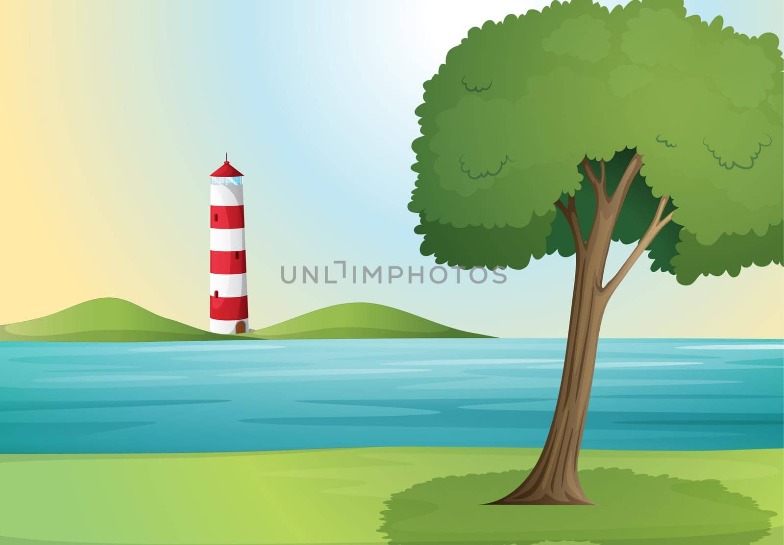 illustration of an ocean and a light house in a beautiful nature