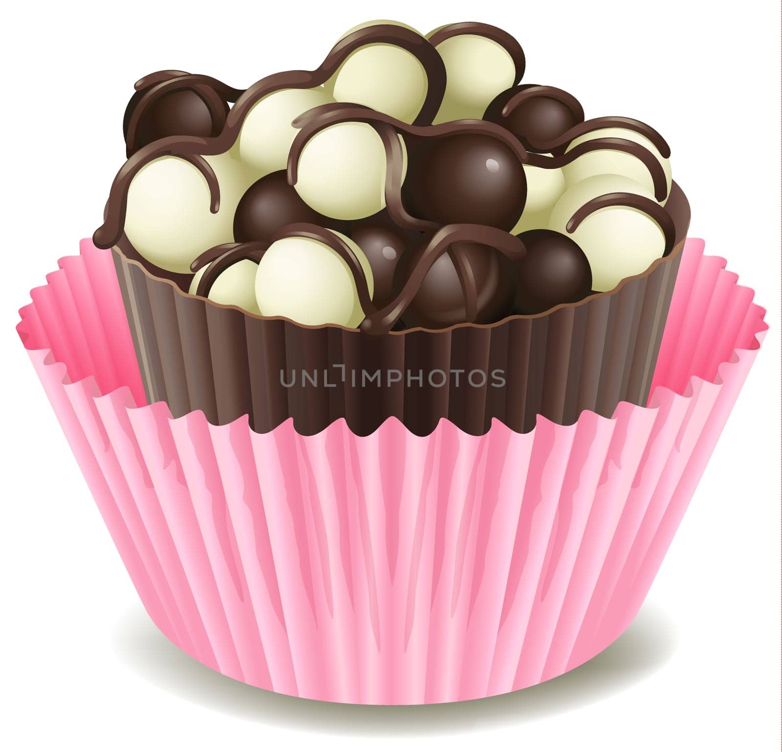 illustration of chocolates in a pink cup on a white background