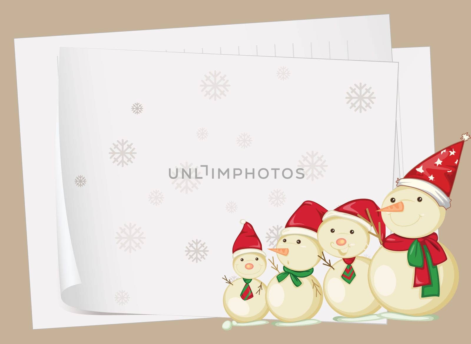 illustration of paper sheets and snowmen on a colored background