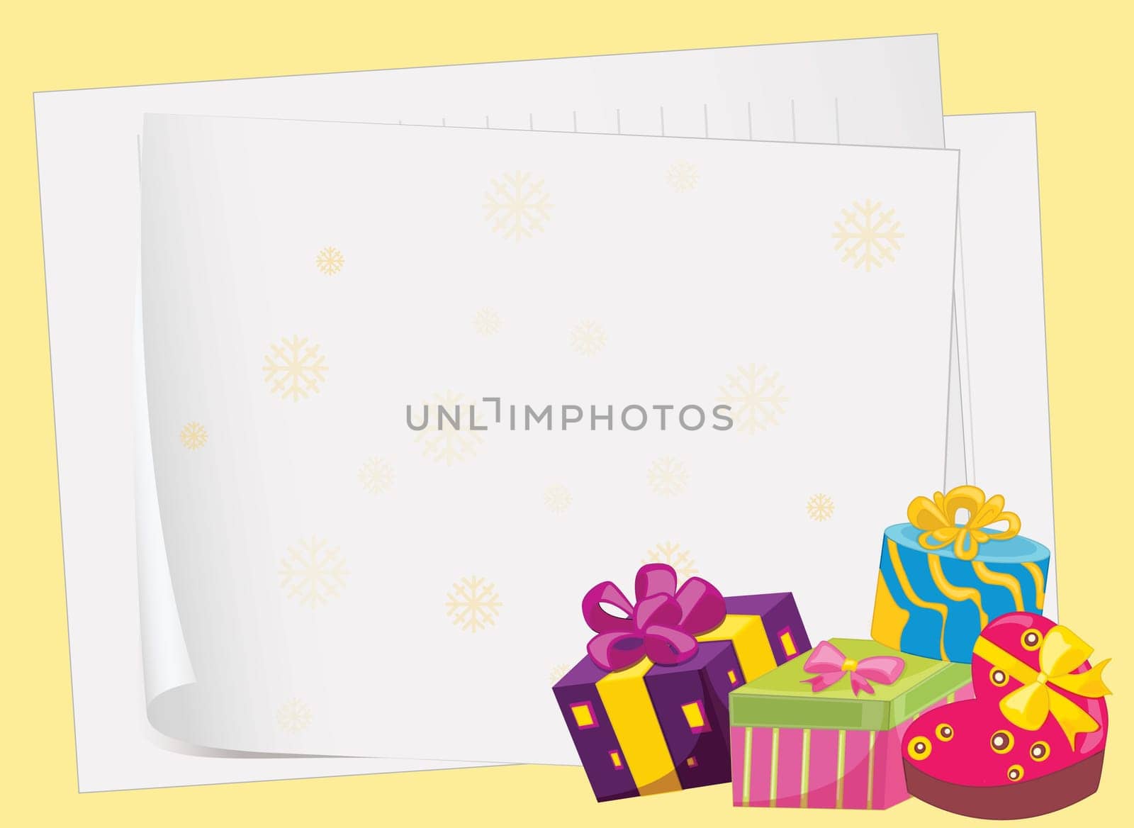 illustration of paper sheets and gift boxes on a yellow background