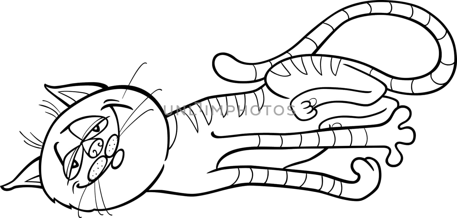 Cartoon Illustration of Happy Sleepy Tabby Cat for Coloring Book