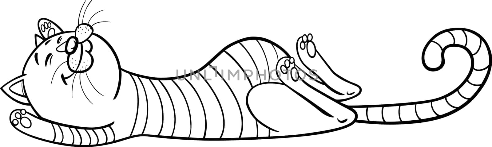 Cartoon Illustration of Funny Sleeping Tabby Cat for Coloring Book