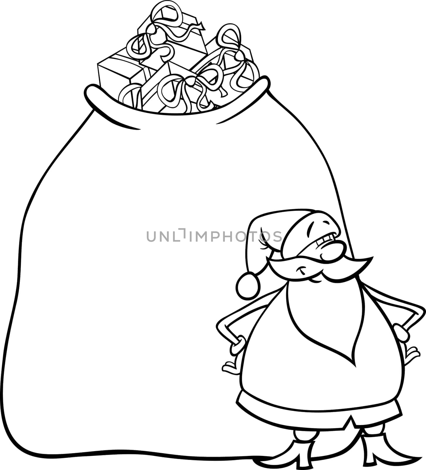 Cartoon Illustration of Funny Santa Claus or Papa Noel with Huge Sack Full of Christmas Presents for Coloring Book