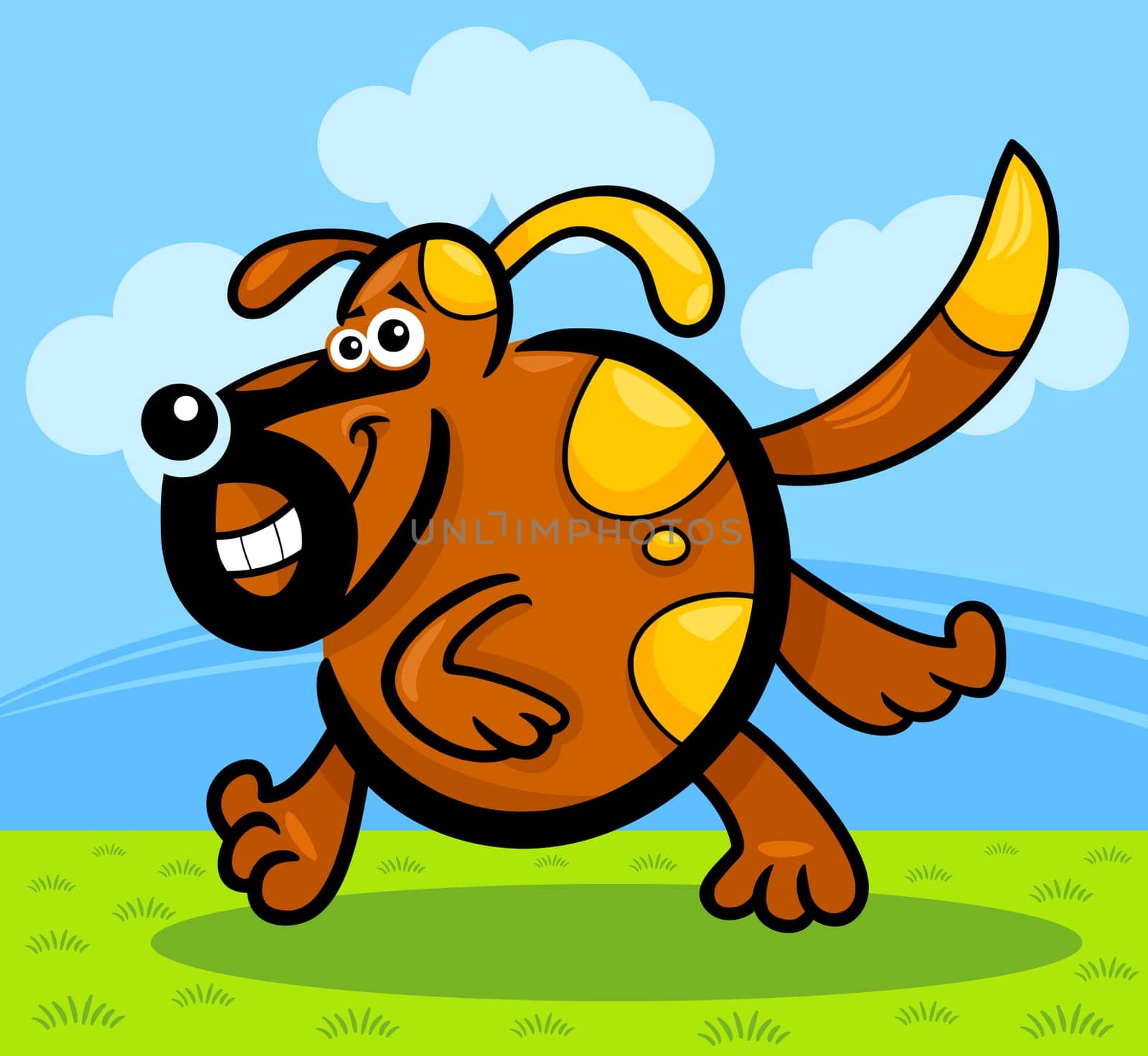 Cartoon Illustration of Funny Running Playful Dog or Puppy against blue sky and green grass