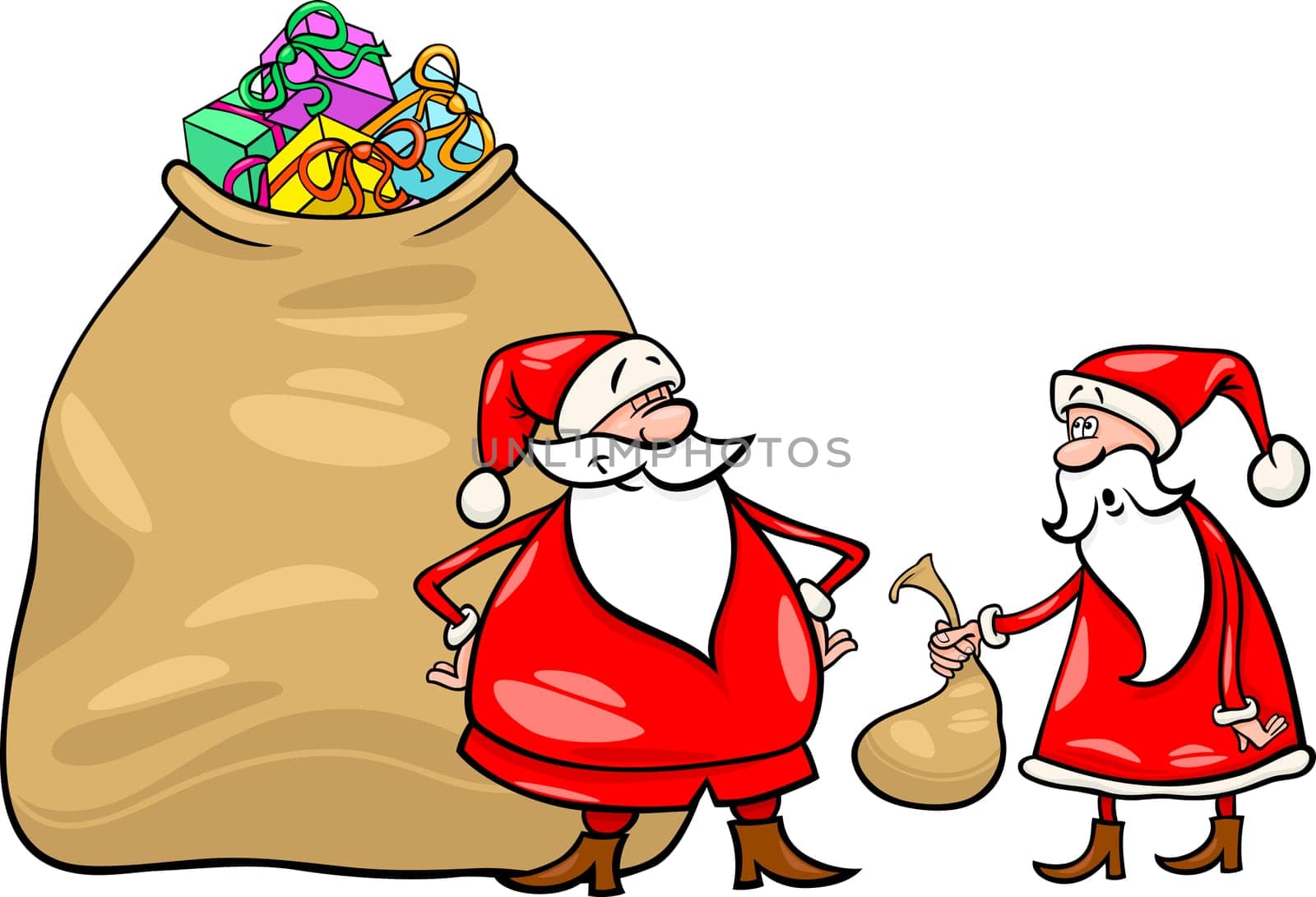 Cartoon Illustration of Funny Santa Claus or Papa Noel with Huge Sack Full of Christmas Presents and another Santa holding Very Small one