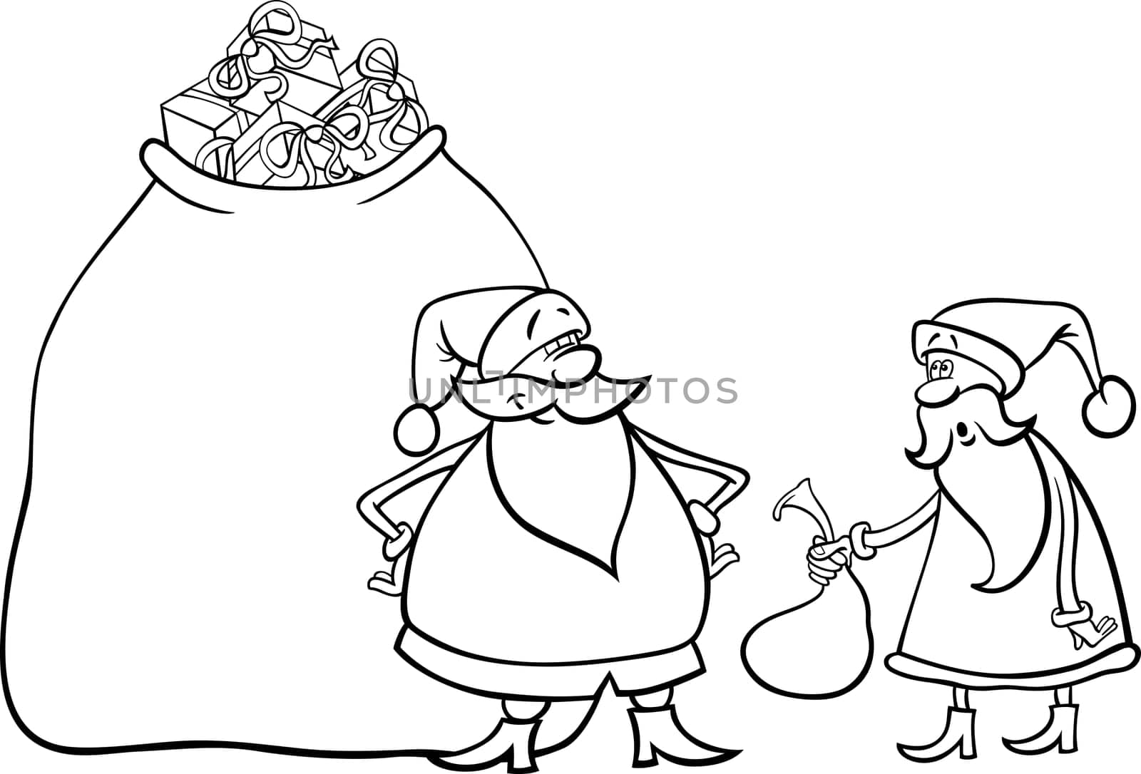 Cartoon Illustration of Funny Santa Claus or Papa Noel with Huge Sack Full of Christmas Presents and another Santa holding Very Small one for Coloring Book