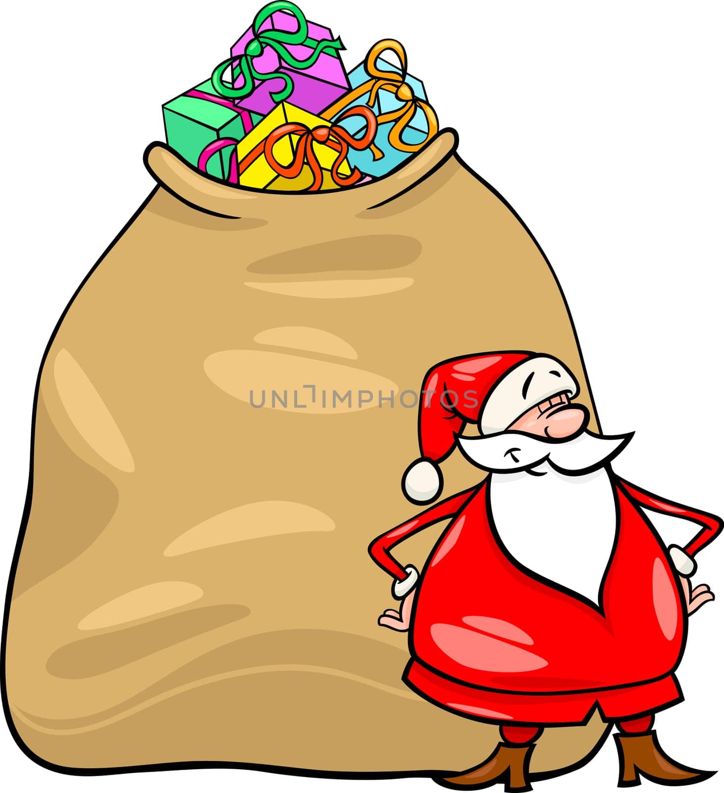 Cartoon Illustration of Funny Santa Claus or Papa Noel with Huge Sack Full of Christmas Presents