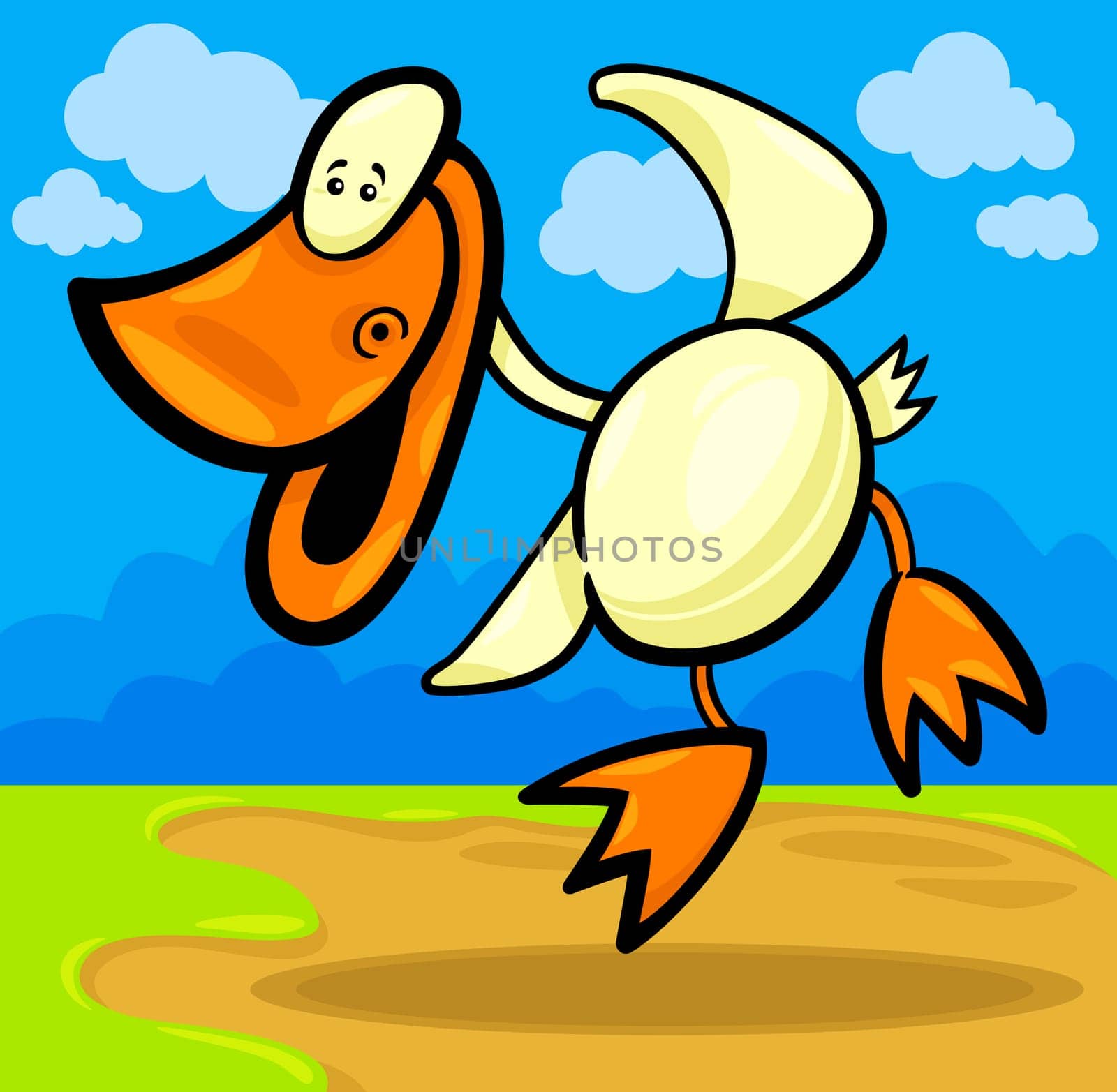 Cartoon Illustration of Funny Dancing Playful Duck or Duckling against blue sky