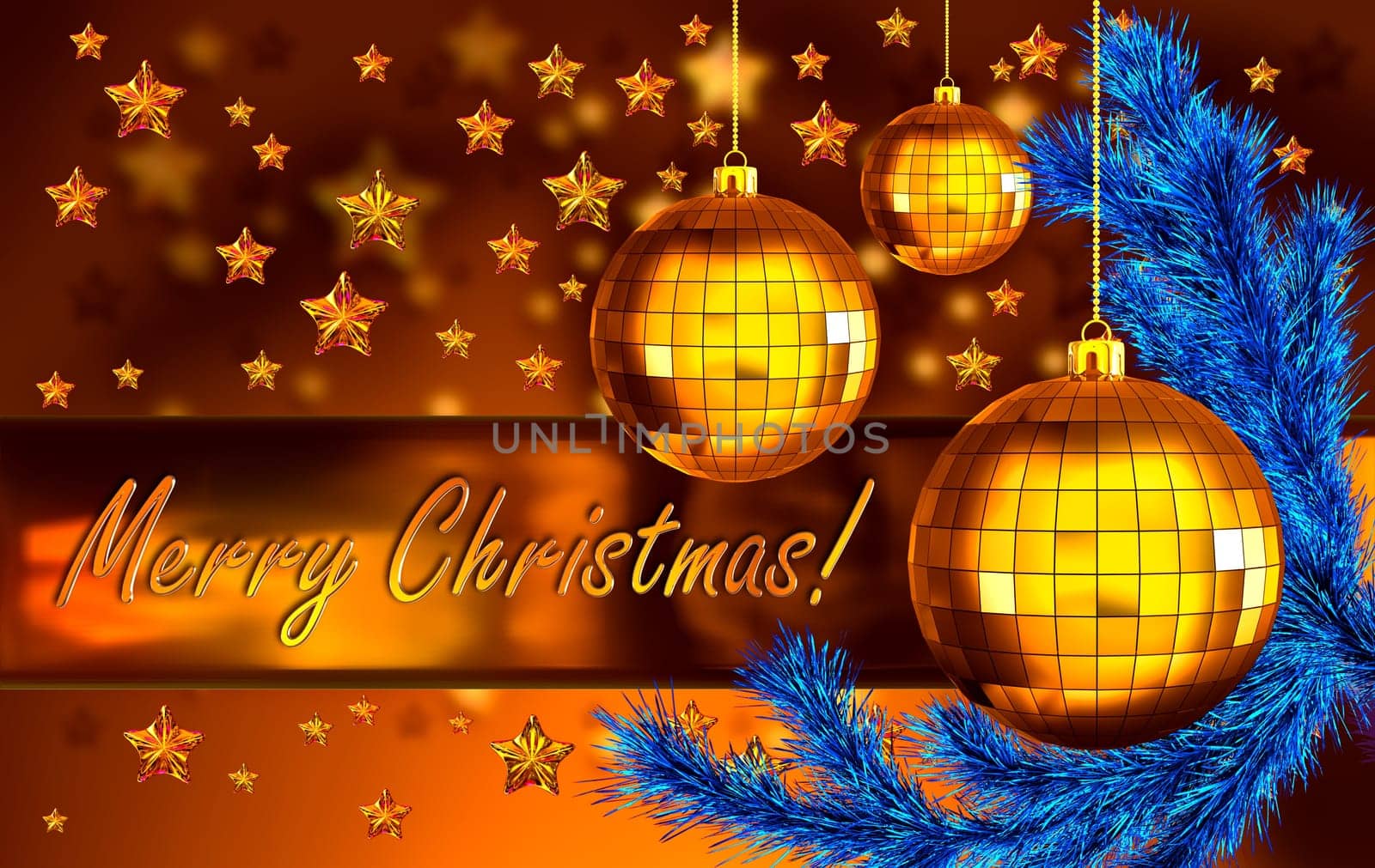 golden christmas background with the words Merry Christmas greetings, decorated of blue fir branch and three christmas balls