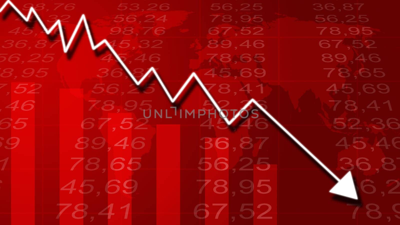Arrow graph going down and electronic stock numbers on a blue background.