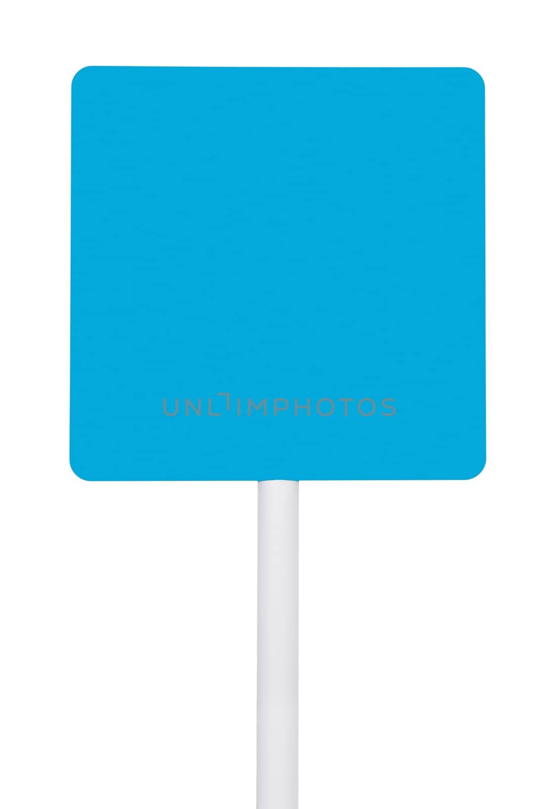 blue square sign on post pole (isolated on white background, ready for your design)