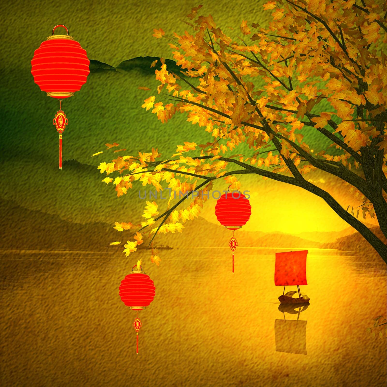 Nice background with chinese lanterns and birdcage