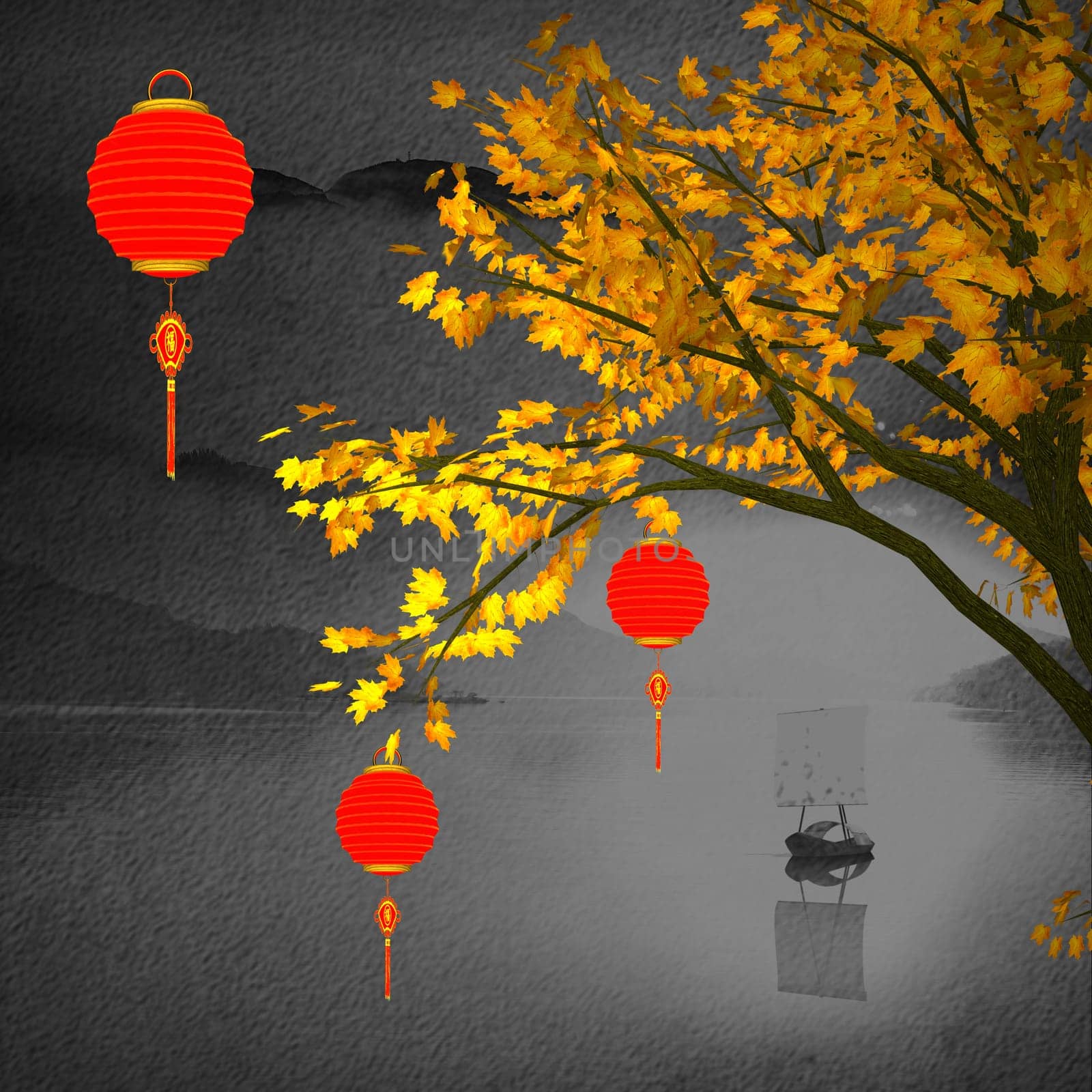 Nice background with chinese lanterns and birdcage