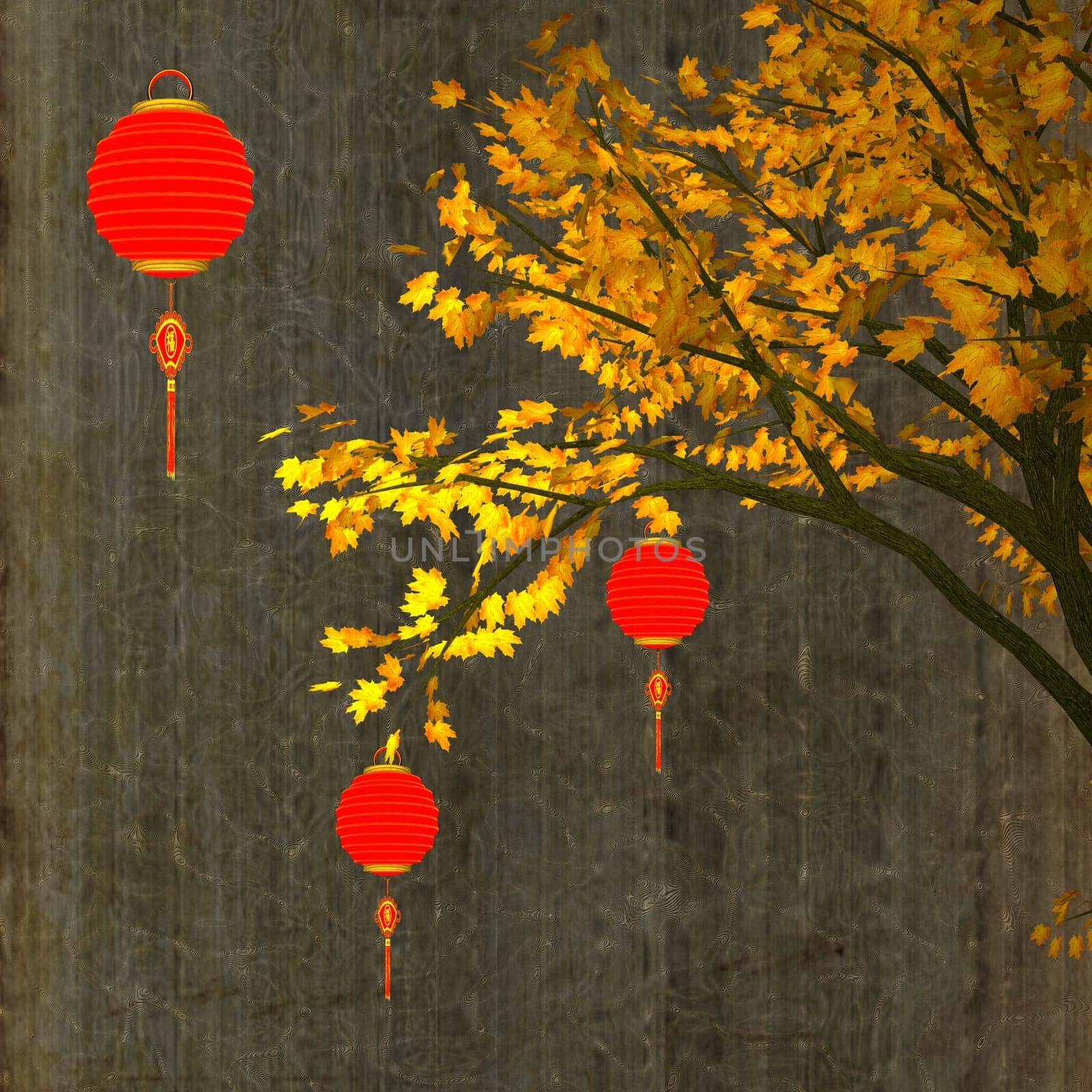 Nice background with chinese lanterns and birdcage