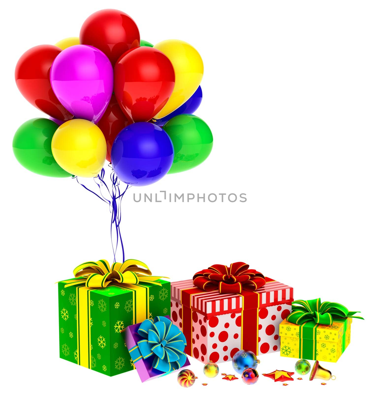 Christmas tree toys and set of pink, yellow, green and white boxes ornamented with the snowflakes and decorated by bows and bunch of balloons as gifts