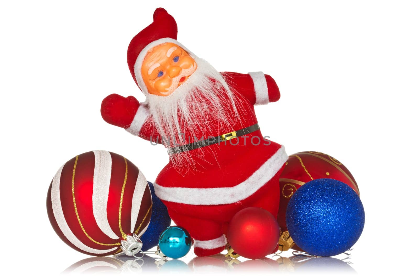 Santa claus with christmas baubles on white background