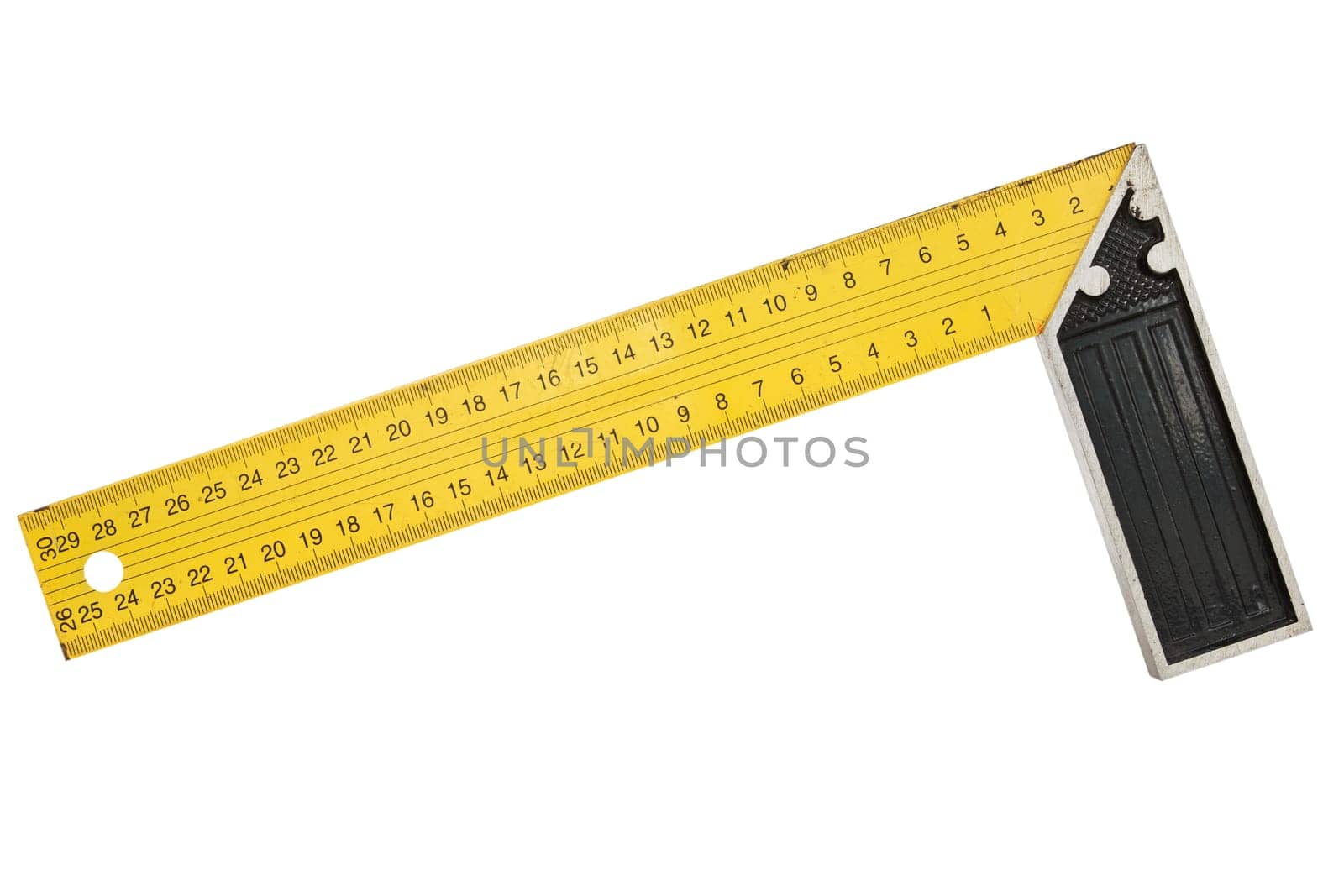 Used iron ruler with angle bar, set square. Isolated on white background