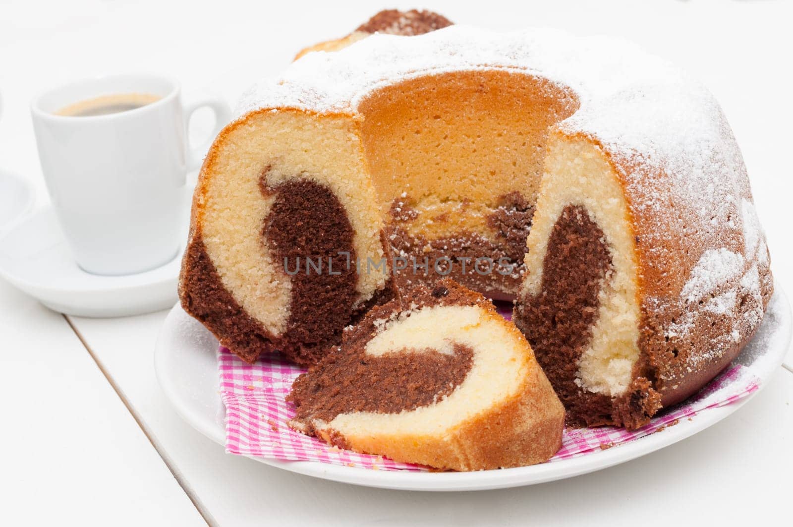 Traditional Homemade Marble Cake - Gugelhupf and Cup of Espresso Coffee