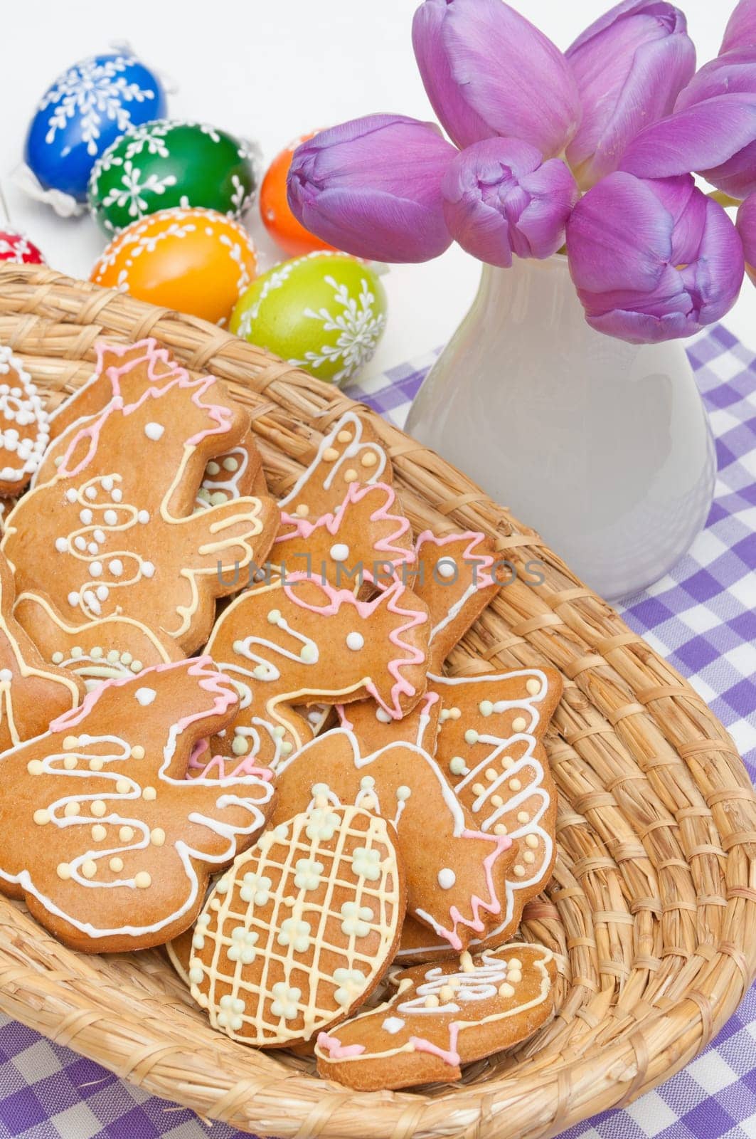 Easter - Homemade Ginger Breads, Handmade Painted Eggs and Violet Tulips