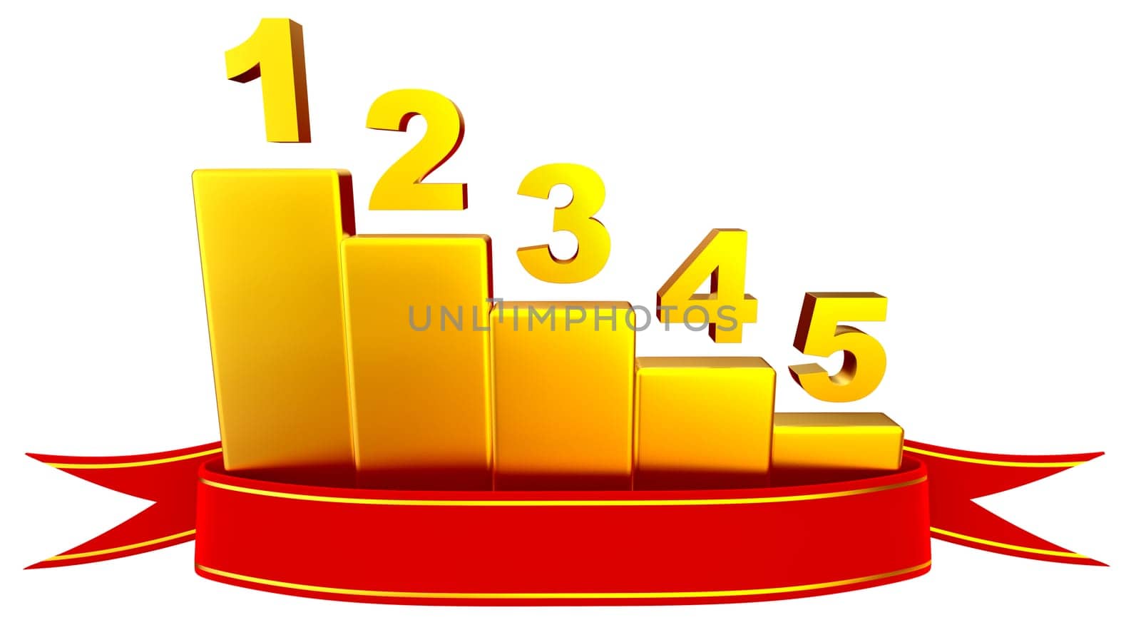 3D rendering of red ribbon award winner with a golden business-bar chart as graph, depicting growth to show profits and success