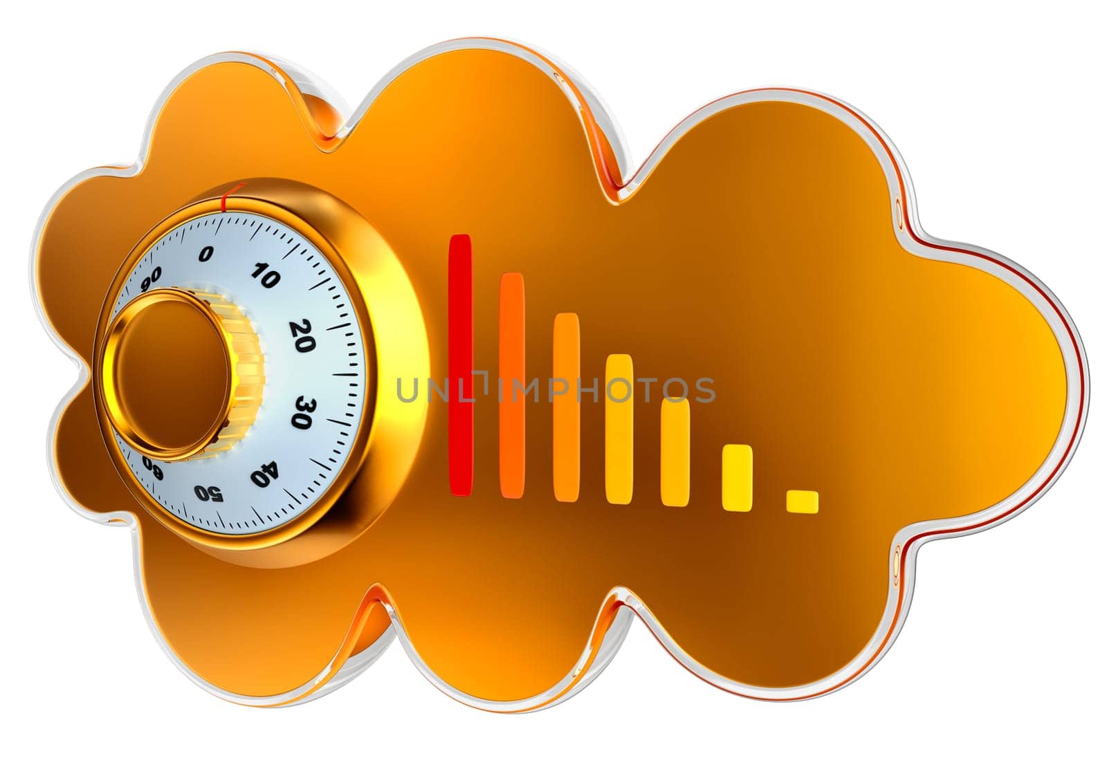 Cloud computing and storage internet security concept as is golden glossy cloud icon with combination lock on white background