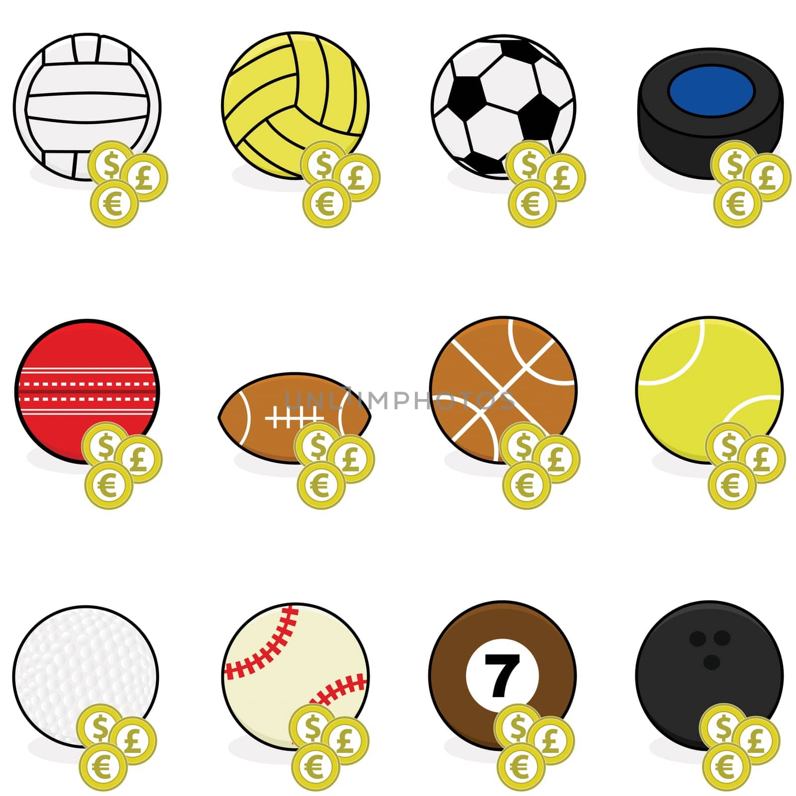 Collection of color sports balls with coins on top of them to symbolize sports betting