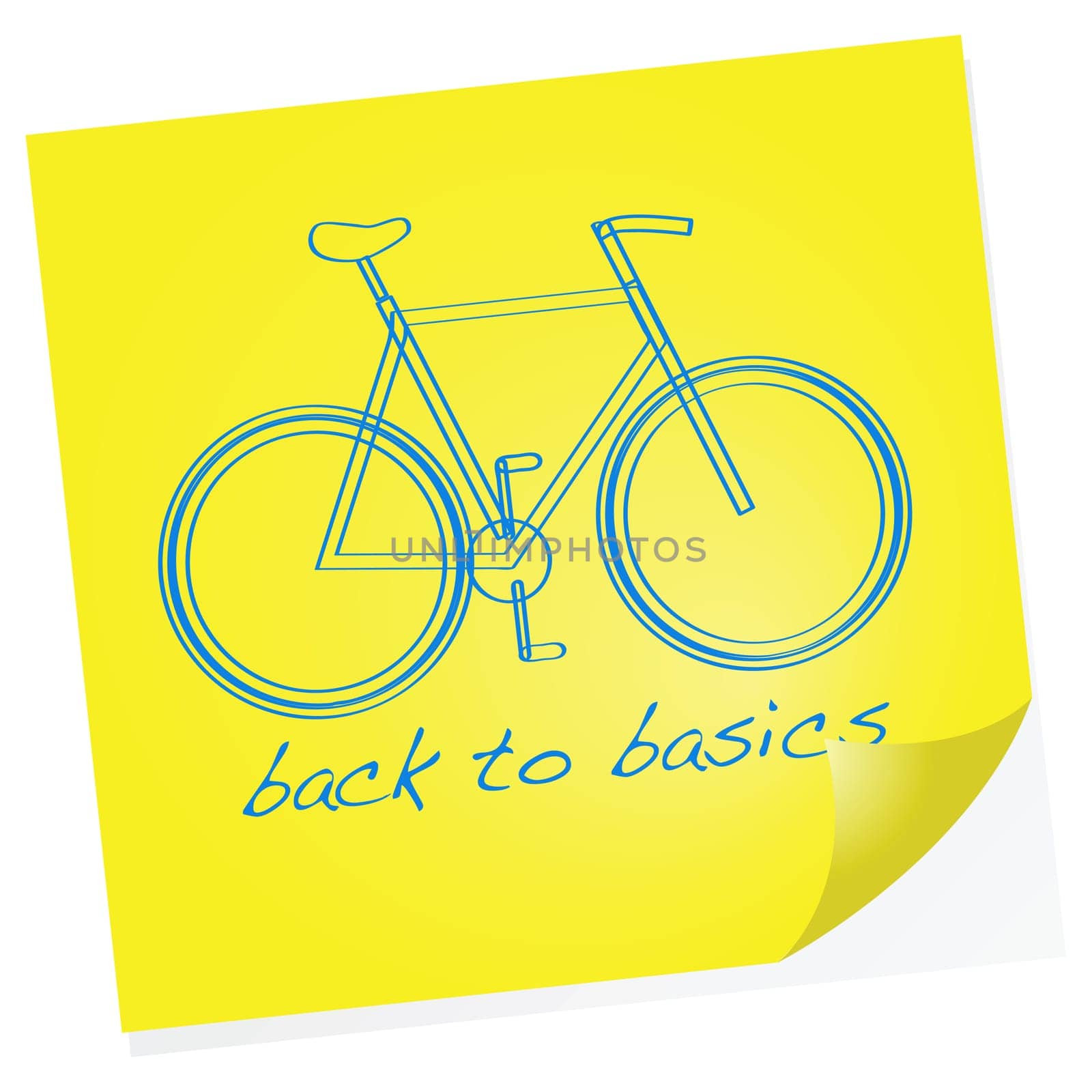 Cartoon illustration showing a sketch of a bike on a sticky note with the words 'Back to basics' under it
