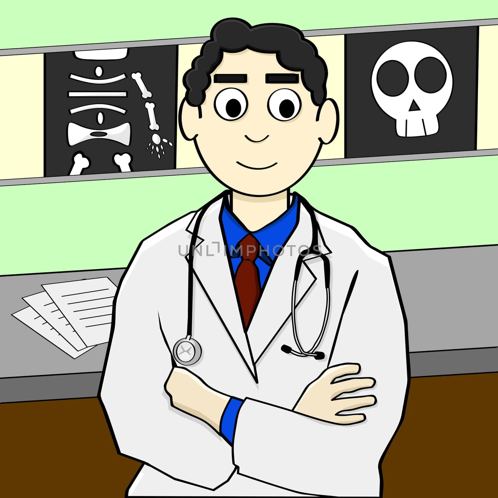 Cartoon illustration showing a doctor inside his office