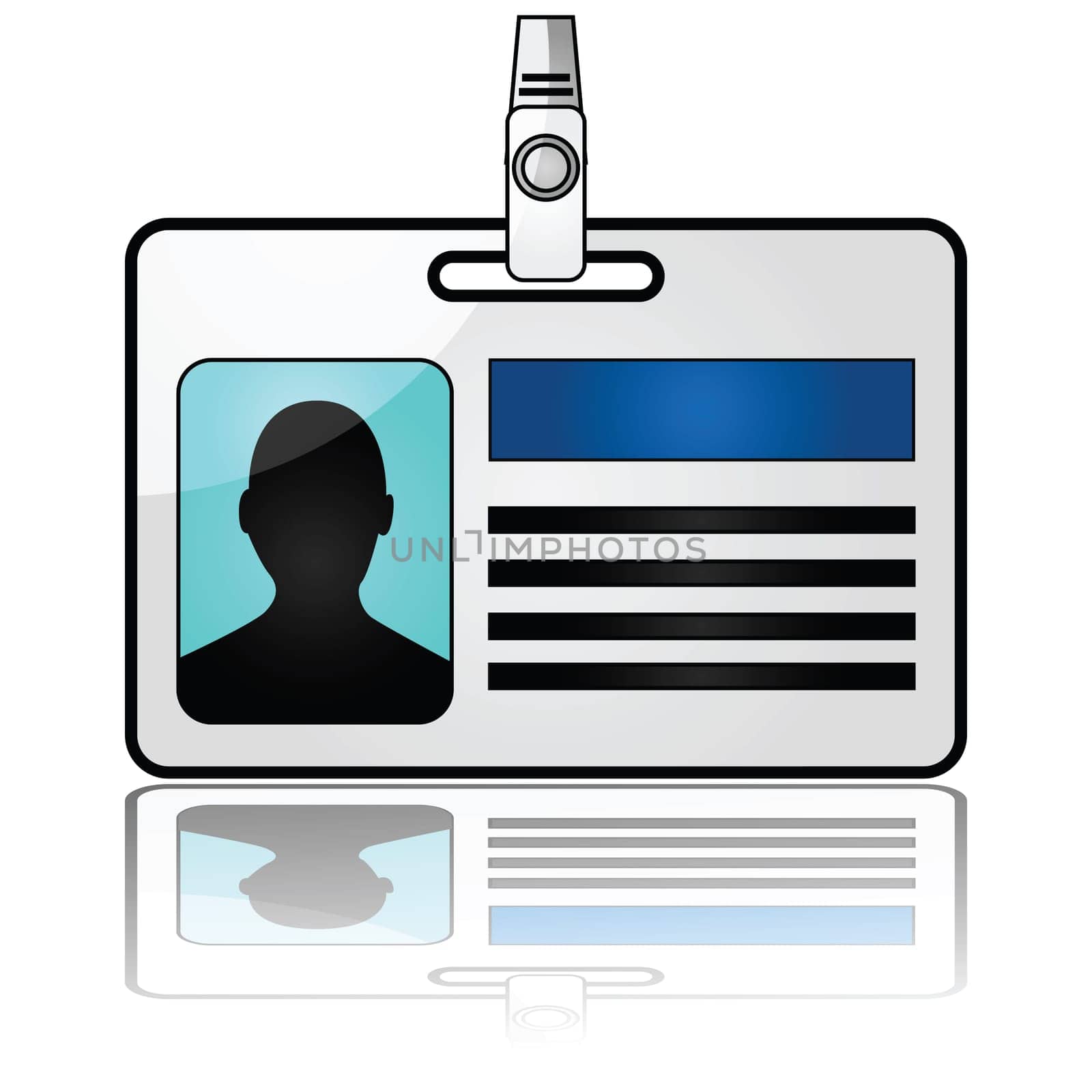 Glossy illustration showing a name tag reflected on a white background