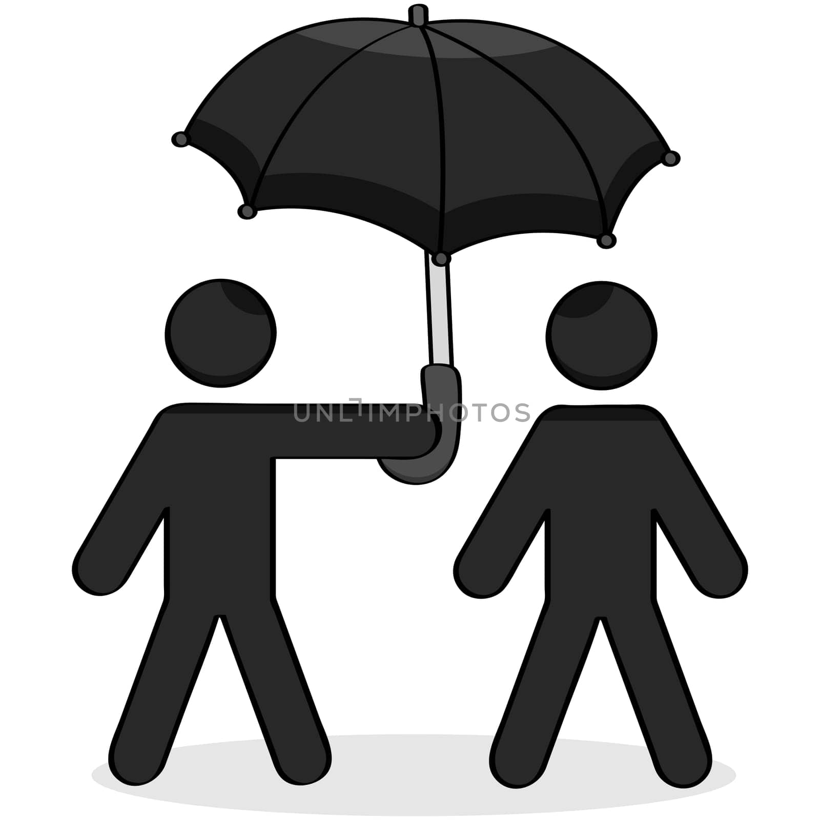Cartoon showing a stick figure helping another with an umbrella