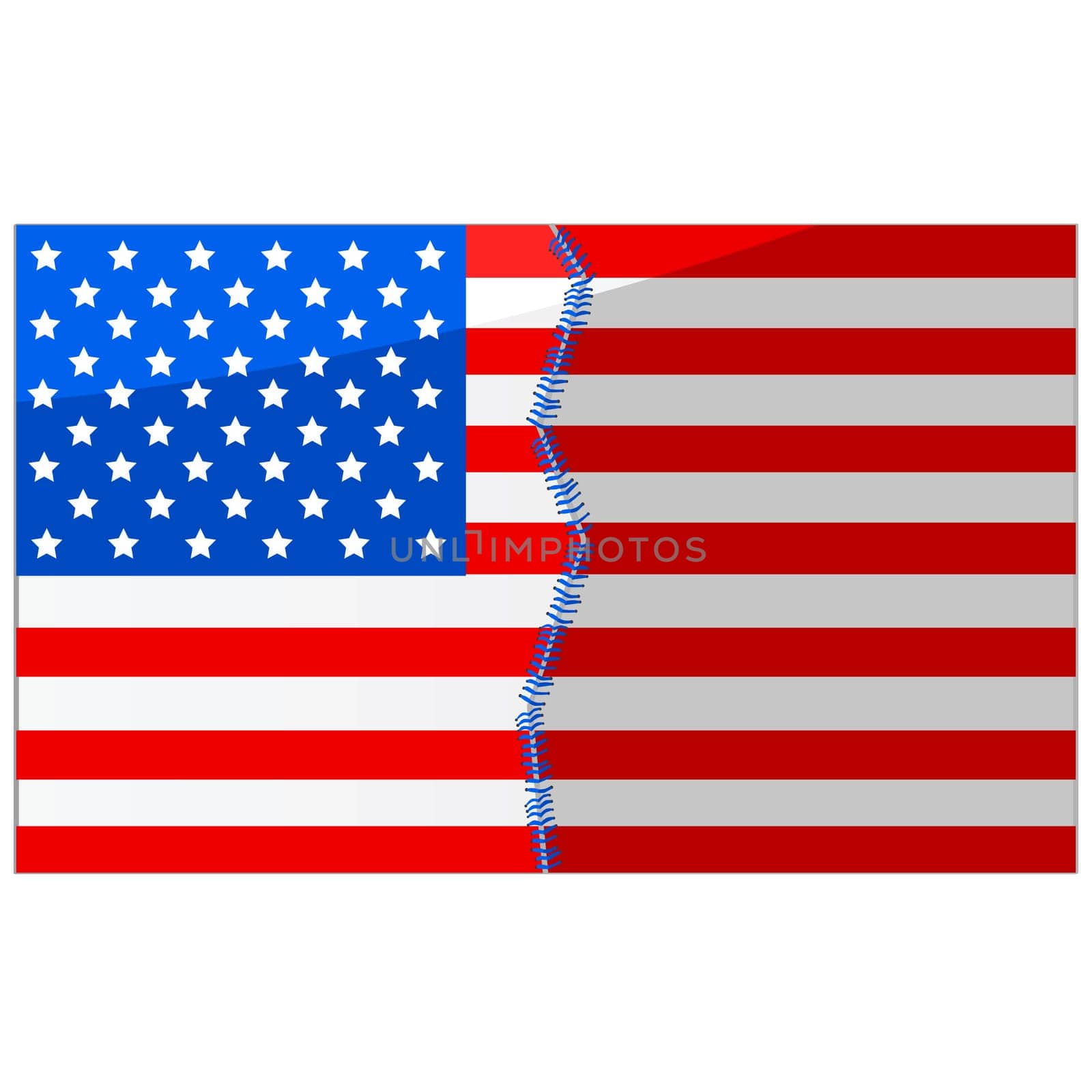 Concept illustration showing an American flag divided in half and stitched back together