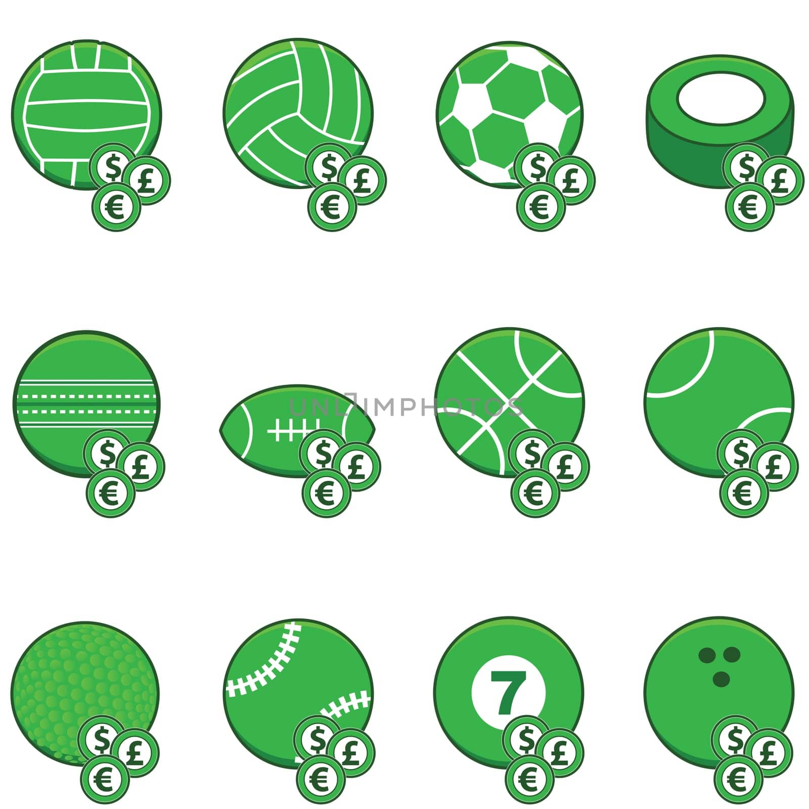 Collection of green sports balls with coins on top of them to symbolize sports betting