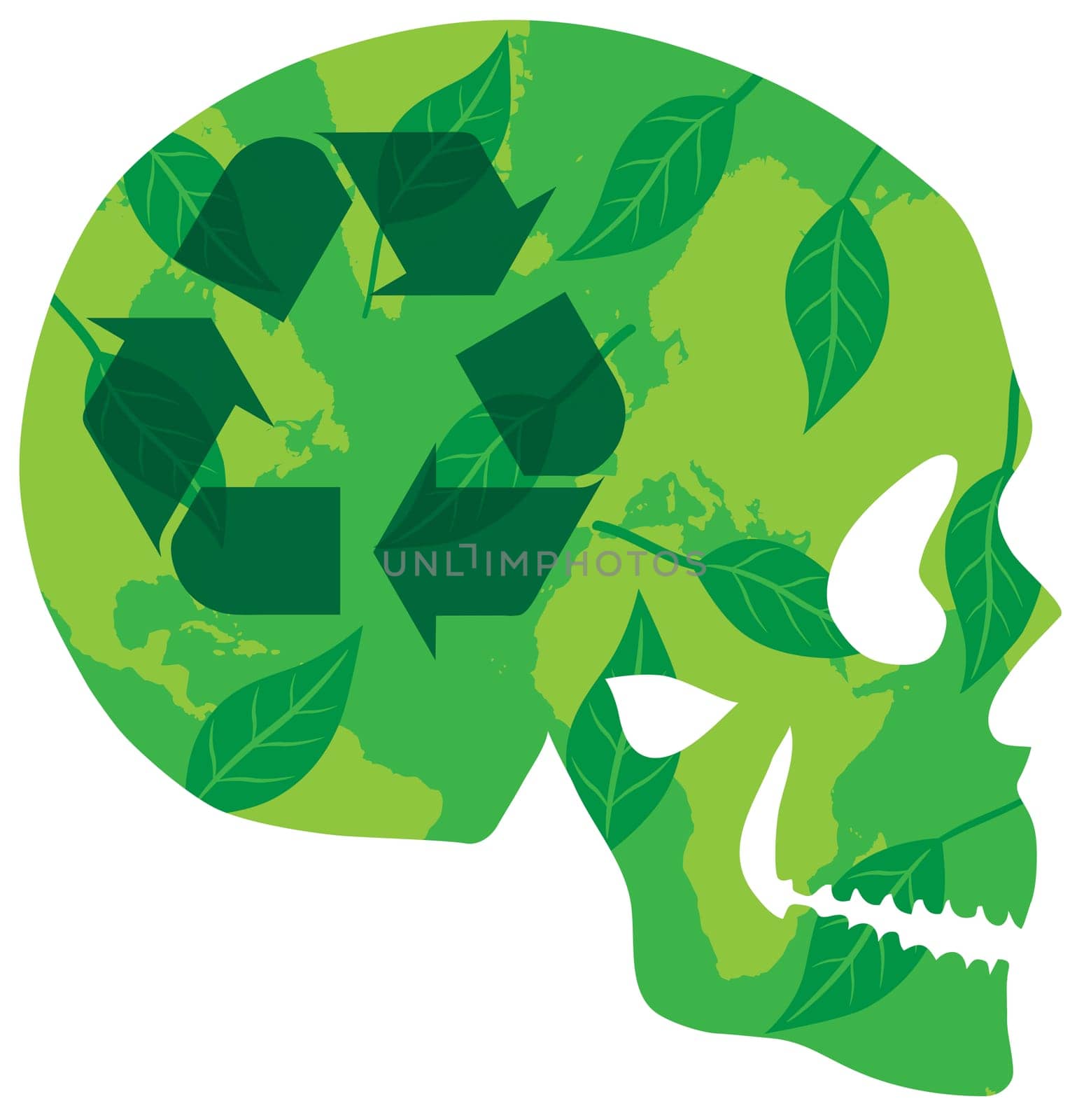 Think Green Skull with Recycle Logo Green Leaves and World Map in Silhouette Illustration