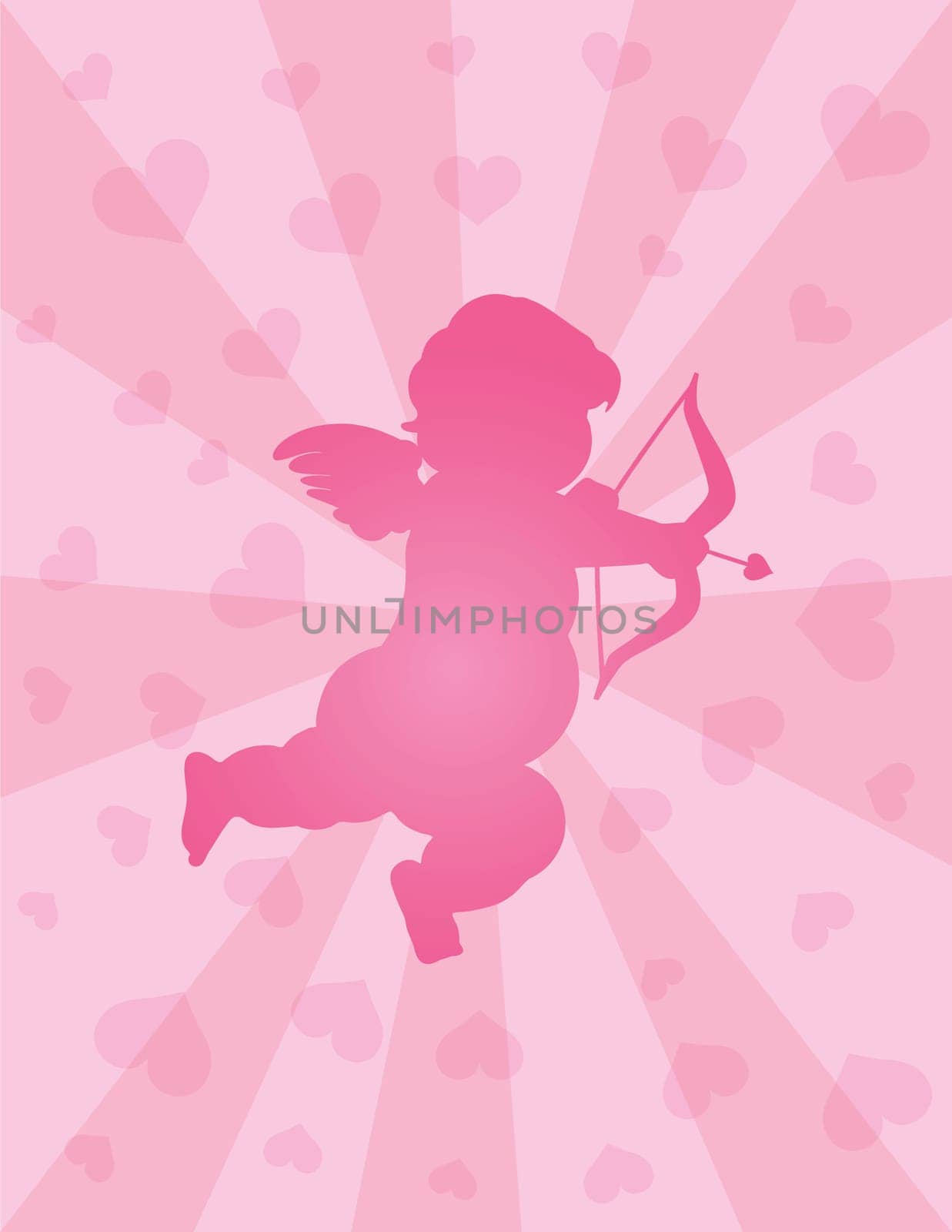 Valentines Day Love Cupid with Bow and Arrow Silhouette on Hearts Rays Background Illustration