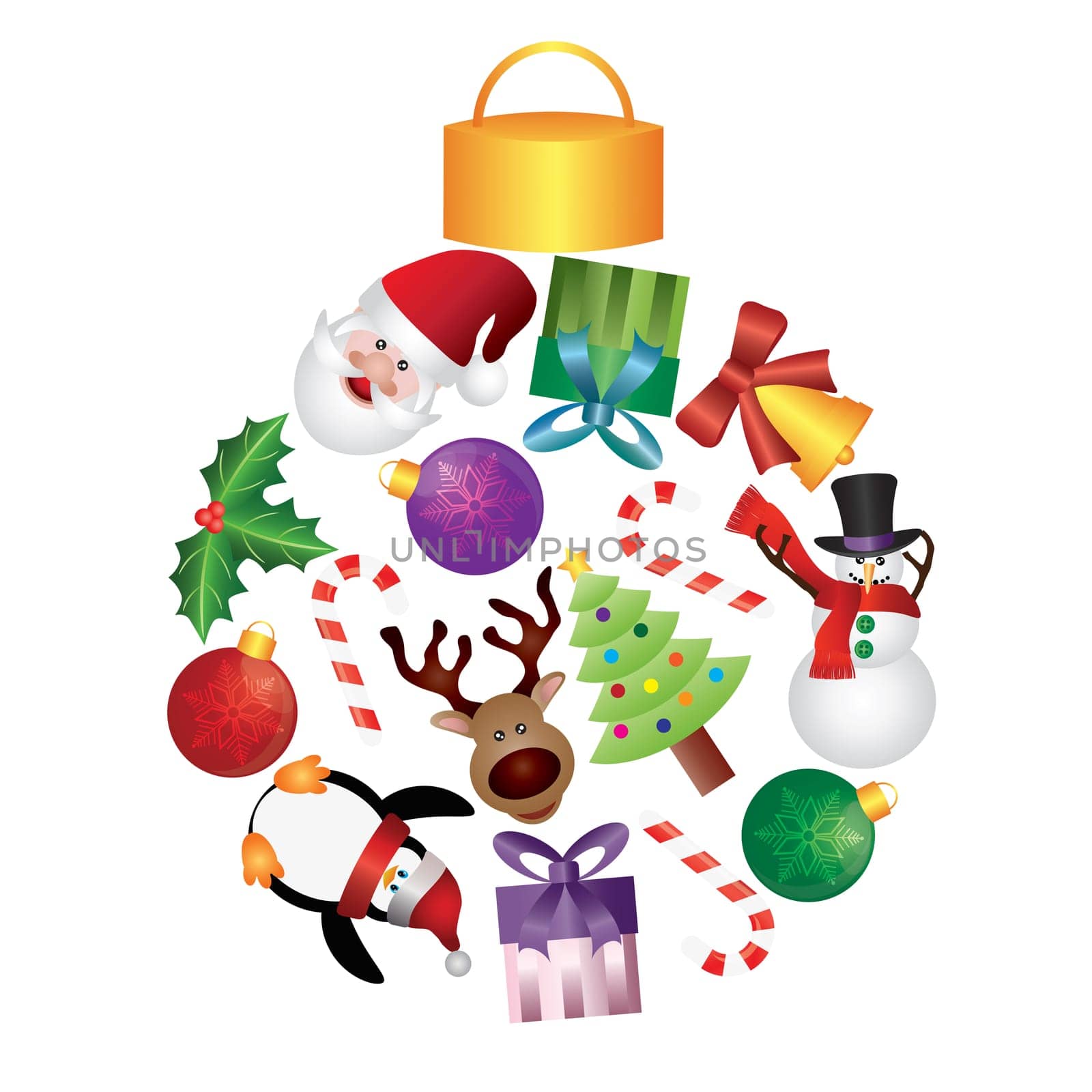 Christmas Tree Ornaments Collage with Santa Reindeer Penguin Snowman Candy Cane Holly and Presents Illustration