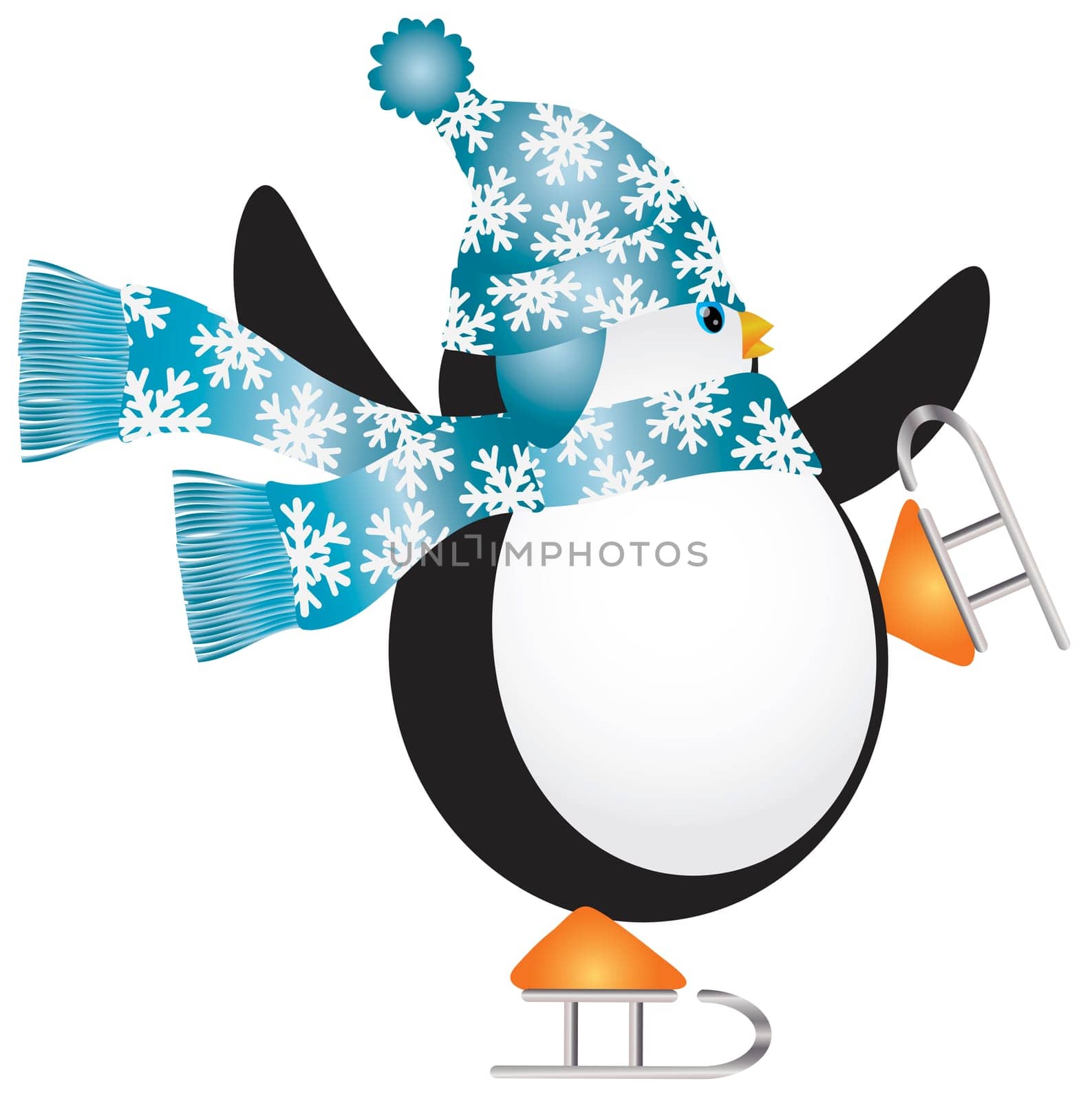 Christmas Penguin with Blue Hat and Scarf Ice Skating Illustration