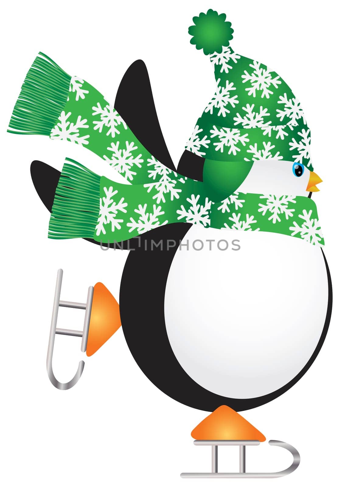 Christmas Penguin with Green Hat and Scarf Ice Skating Illustration